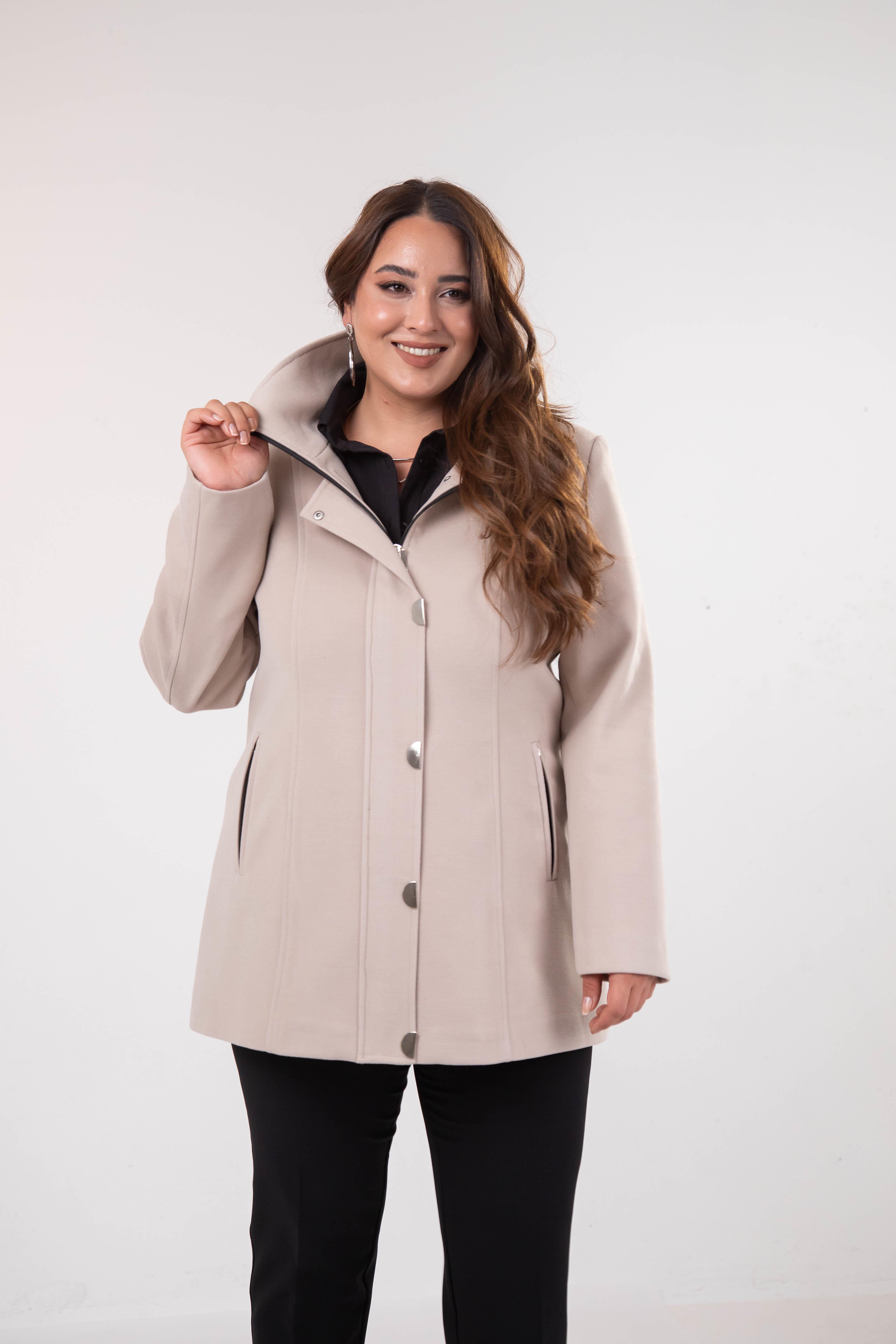 Büyük Beden 2230040 Çıt Çıt Detaylı Kısa Kaban  Bej