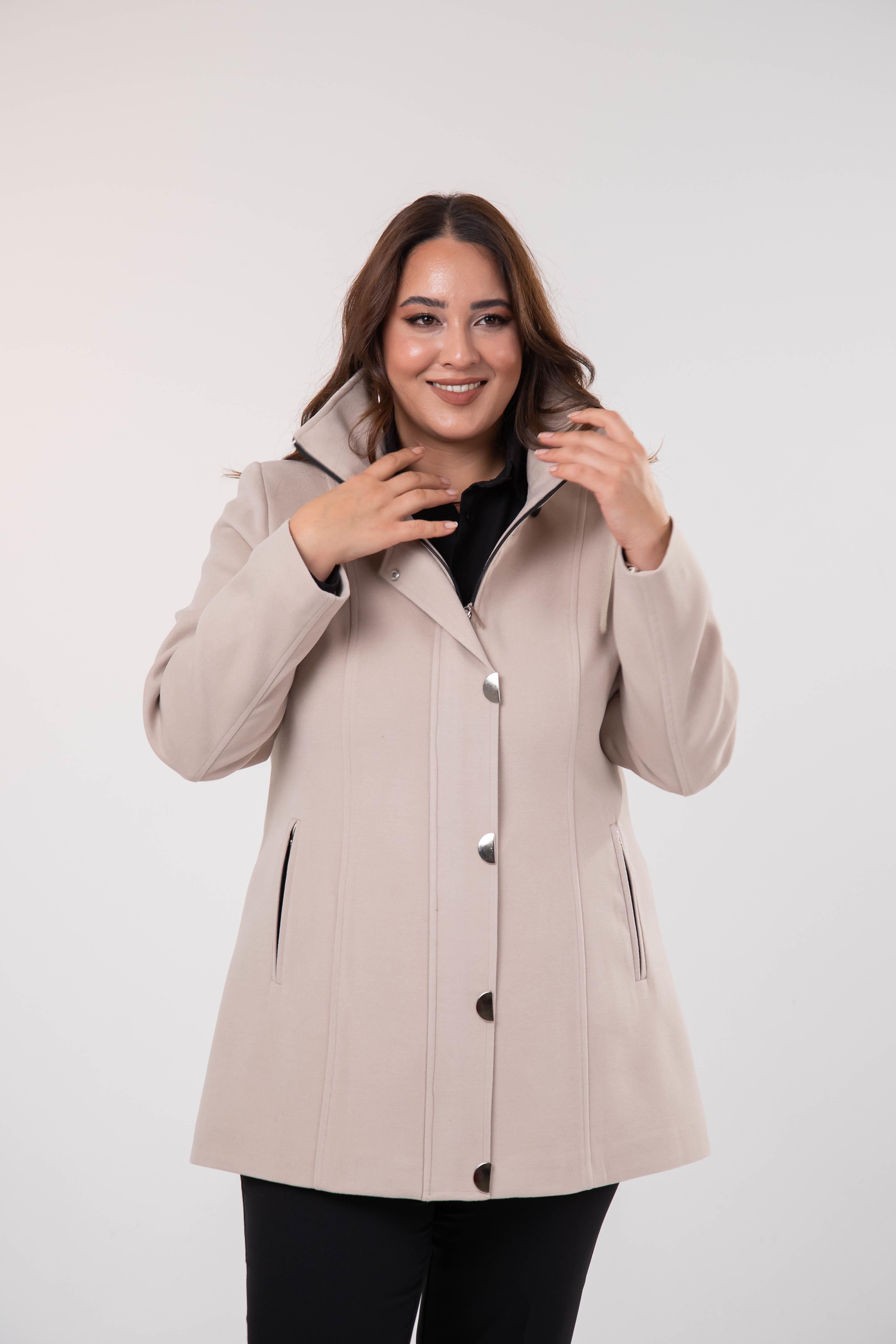 Büyük Beden 2230040 Çıt Çıt Detaylı Kısa Kaban  Bej