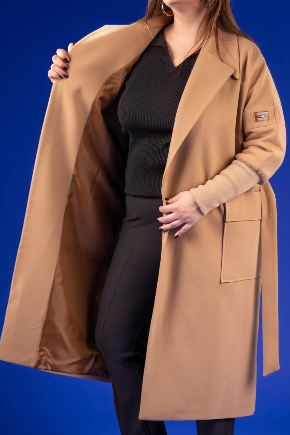 Büyük Beden 2230042 Kolu Ribanalı Uzun Kaban  Camel