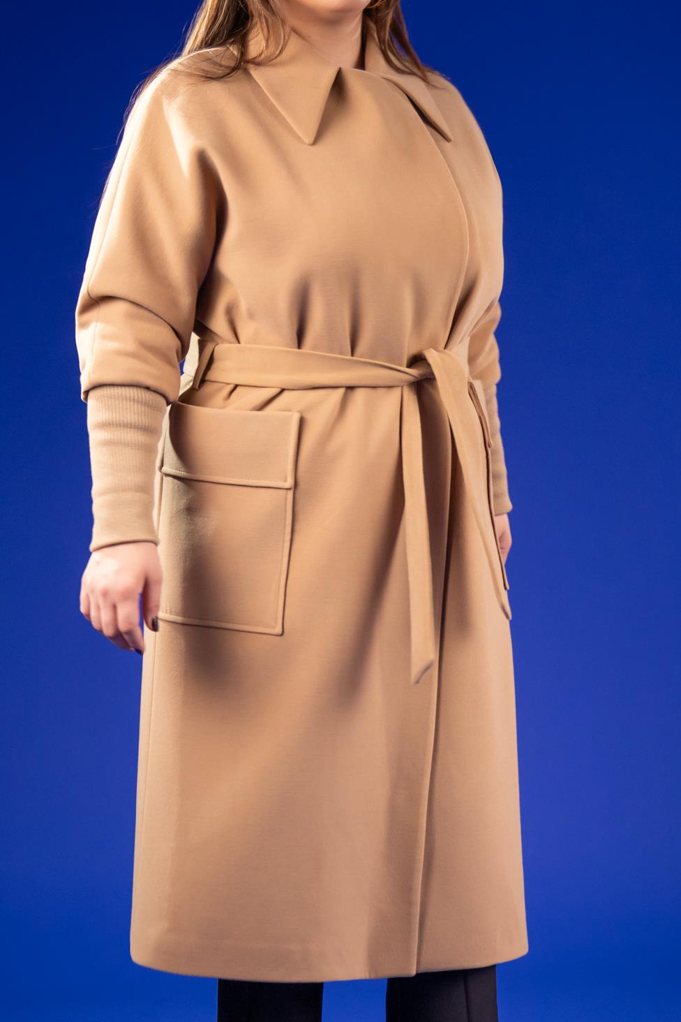 Büyük Beden 2230042 Kolu Ribanalı Uzun Kaban  Camel