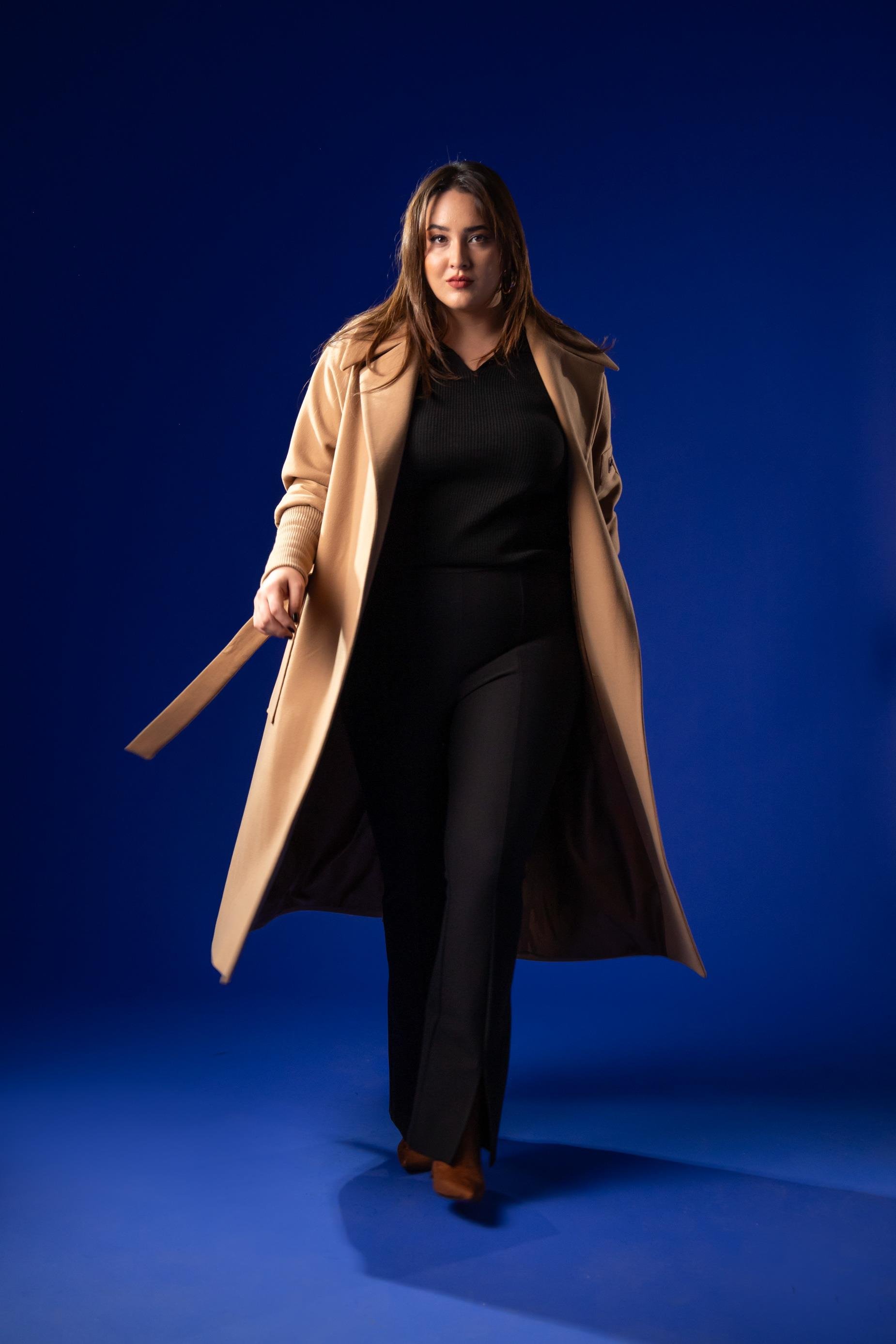 Büyük Beden 2230042 Kolu Ribanalı Uzun Kaban  Camel