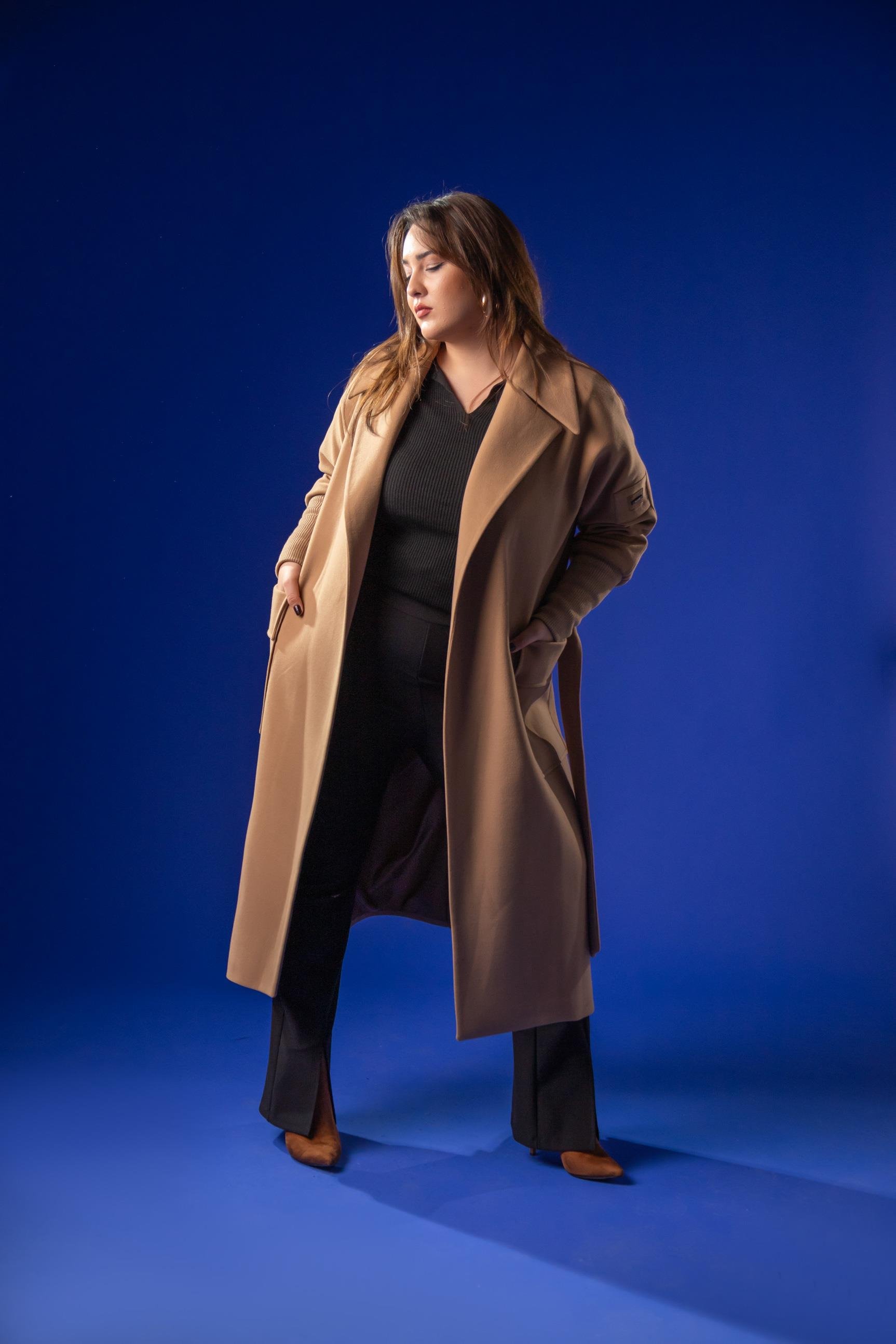 Büyük Beden 2230042 Kolu Ribanalı Uzun Kaban  Camel