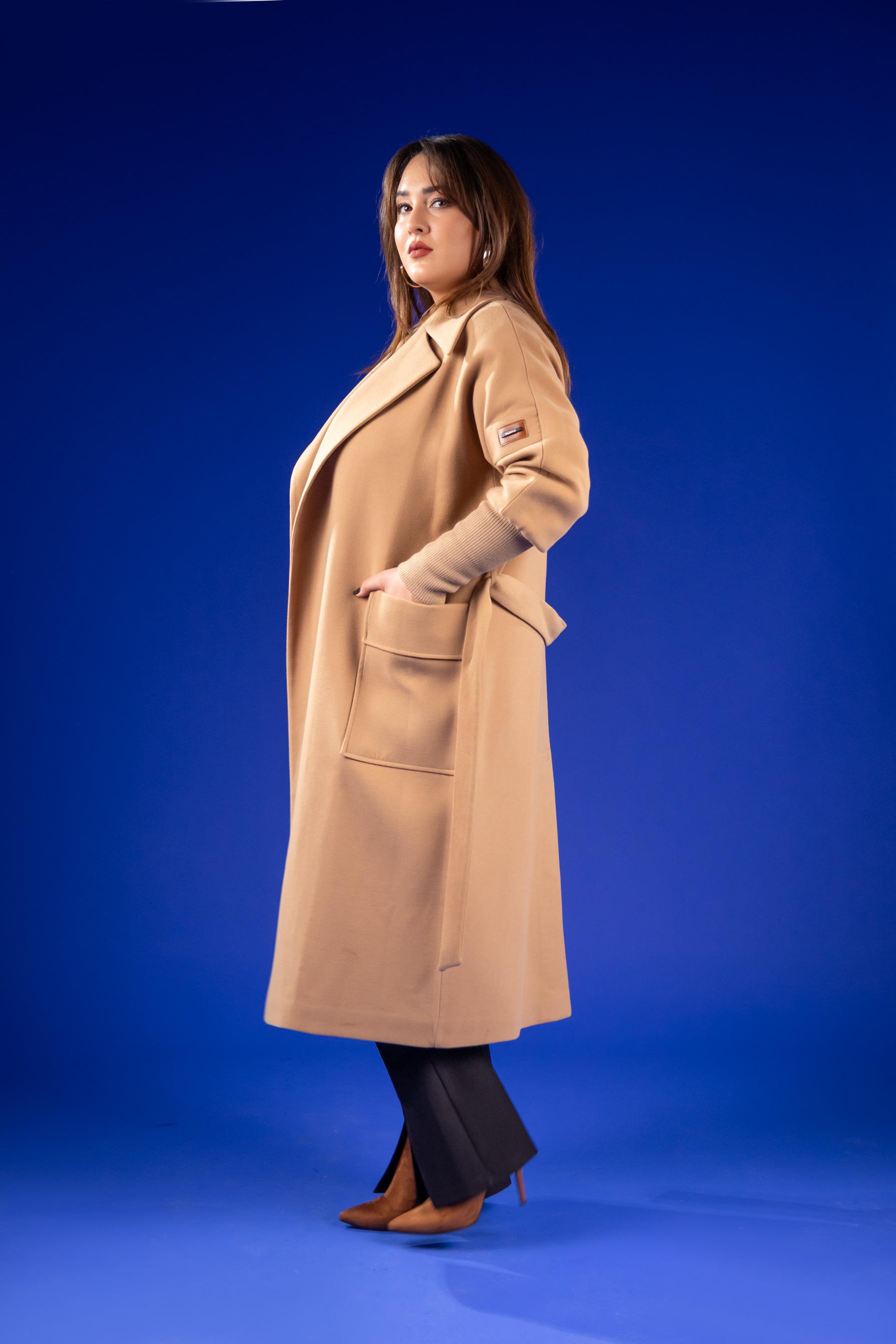 Büyük Beden 2230042 Kolu Ribanalı Uzun Kaban  Camel