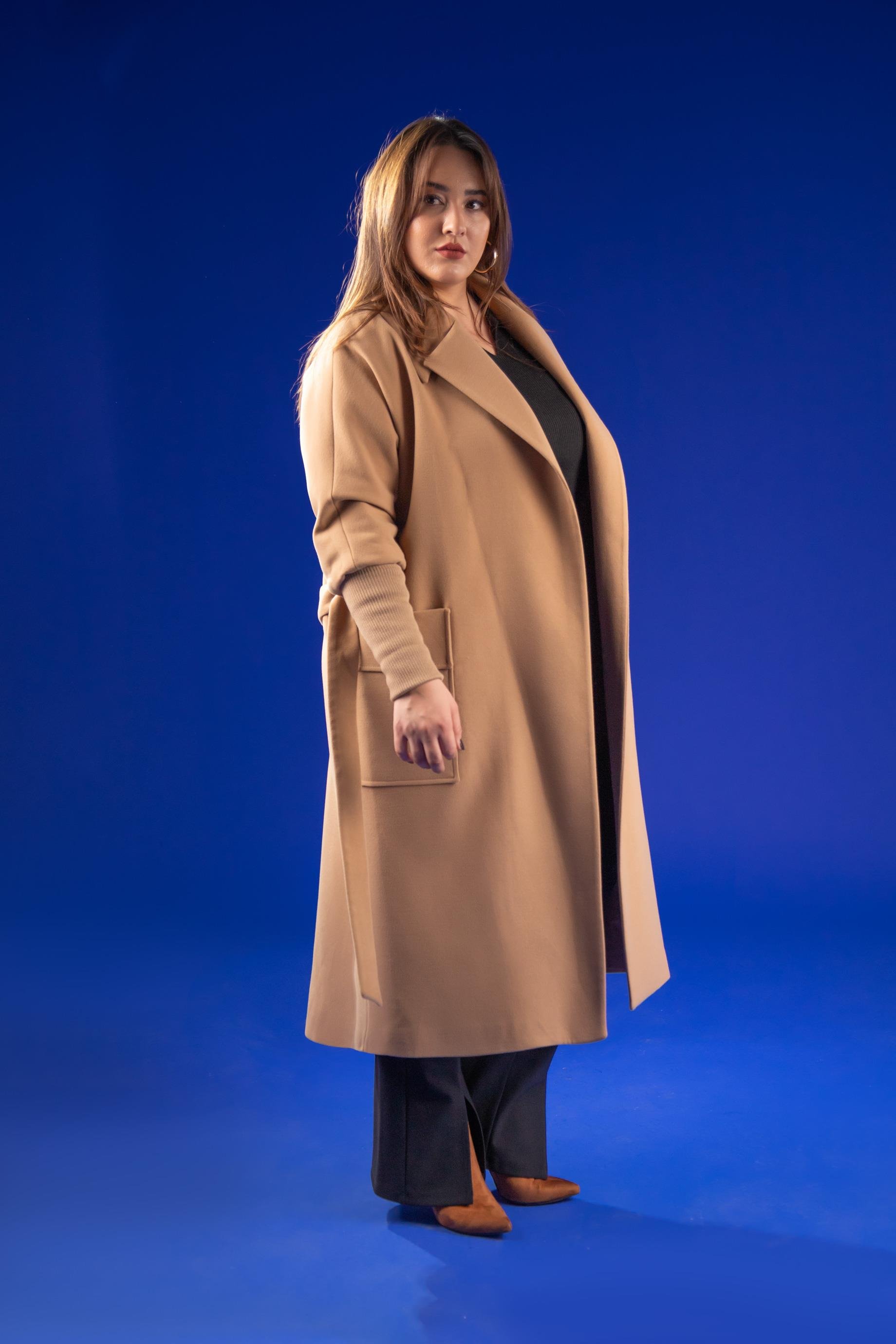 Büyük Beden 2230042 Kolu Ribanalı Uzun Kaban  Camel