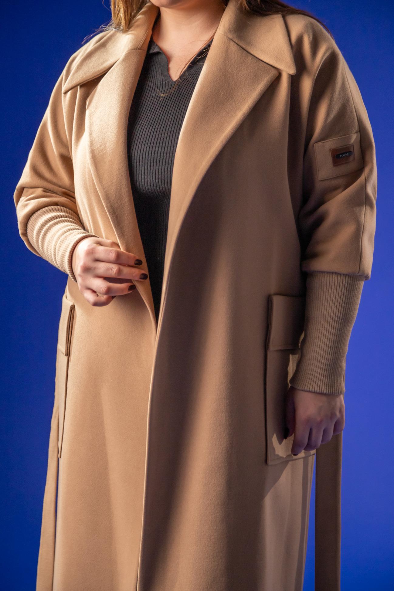 Büyük Beden 2230042 Kolu Ribanalı Uzun Kaban  Camel