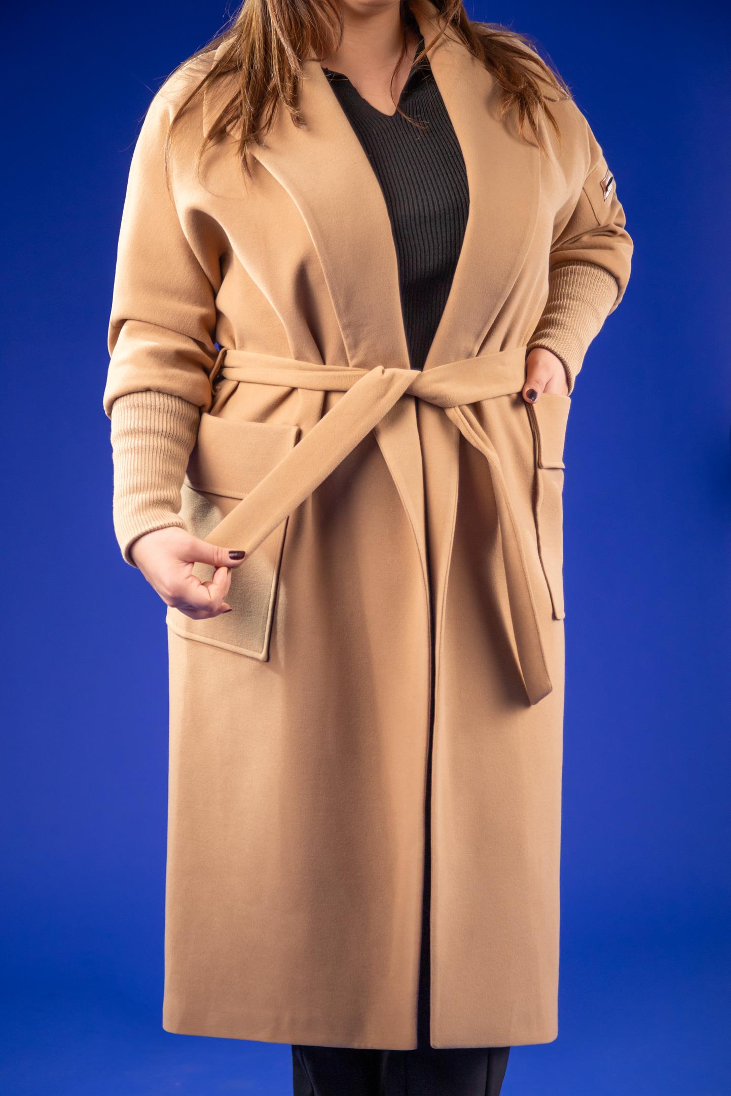 Büyük Beden 2230042 Kolu Ribanalı Uzun Kaban  Camel