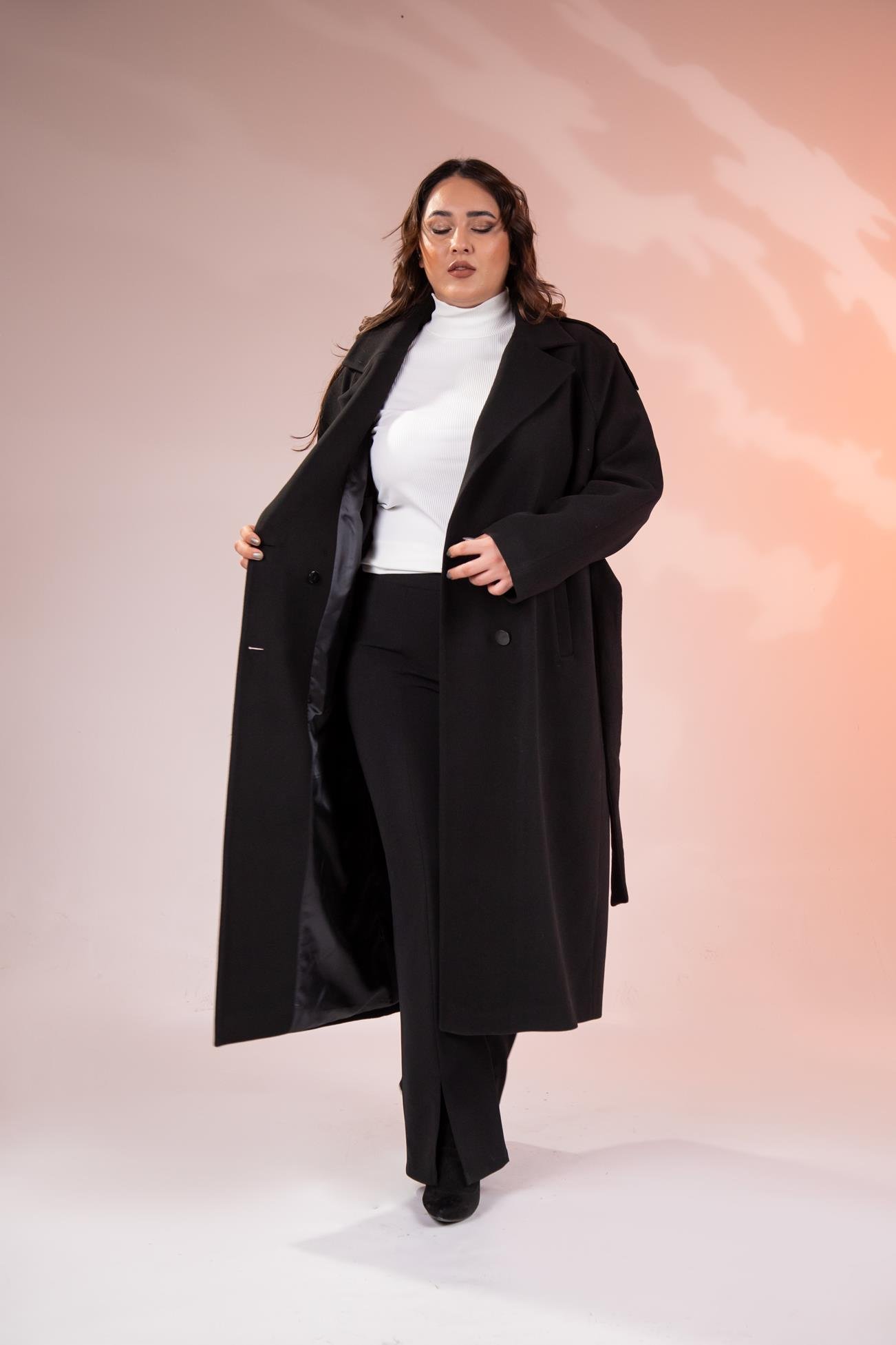 Büyük Beden 2230043 Omuzu Apoletli Uzun Kaban  Siyah