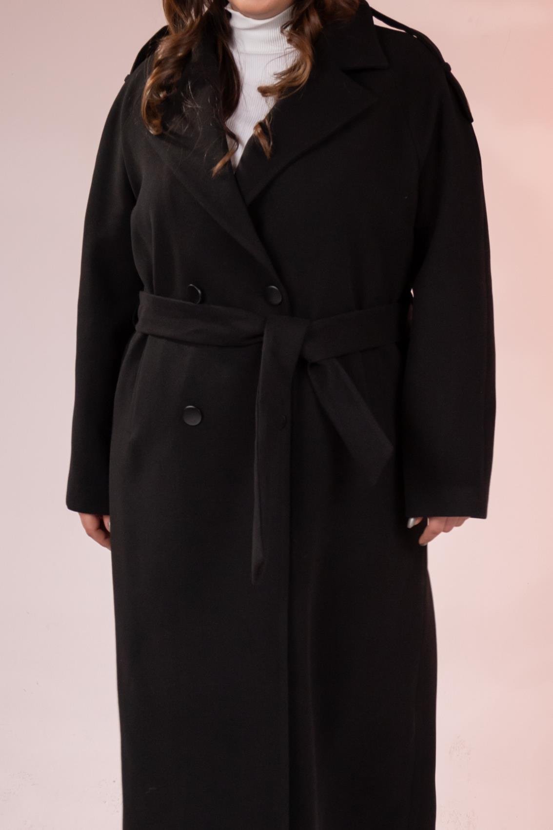 Büyük Beden 2230043 Omuzu Apoletli Uzun Kaban  Siyah