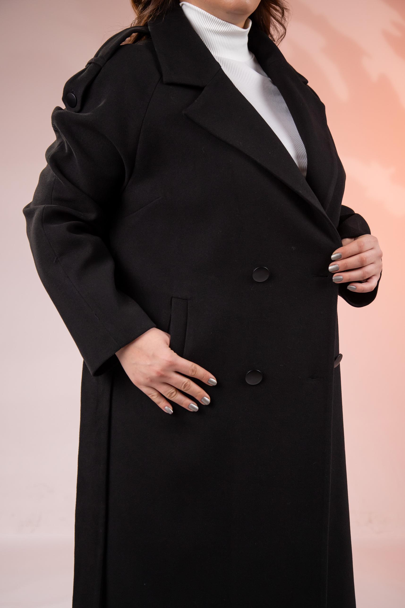 Büyük Beden 2230043 Omuzu Apoletli Uzun Kaban  Siyah