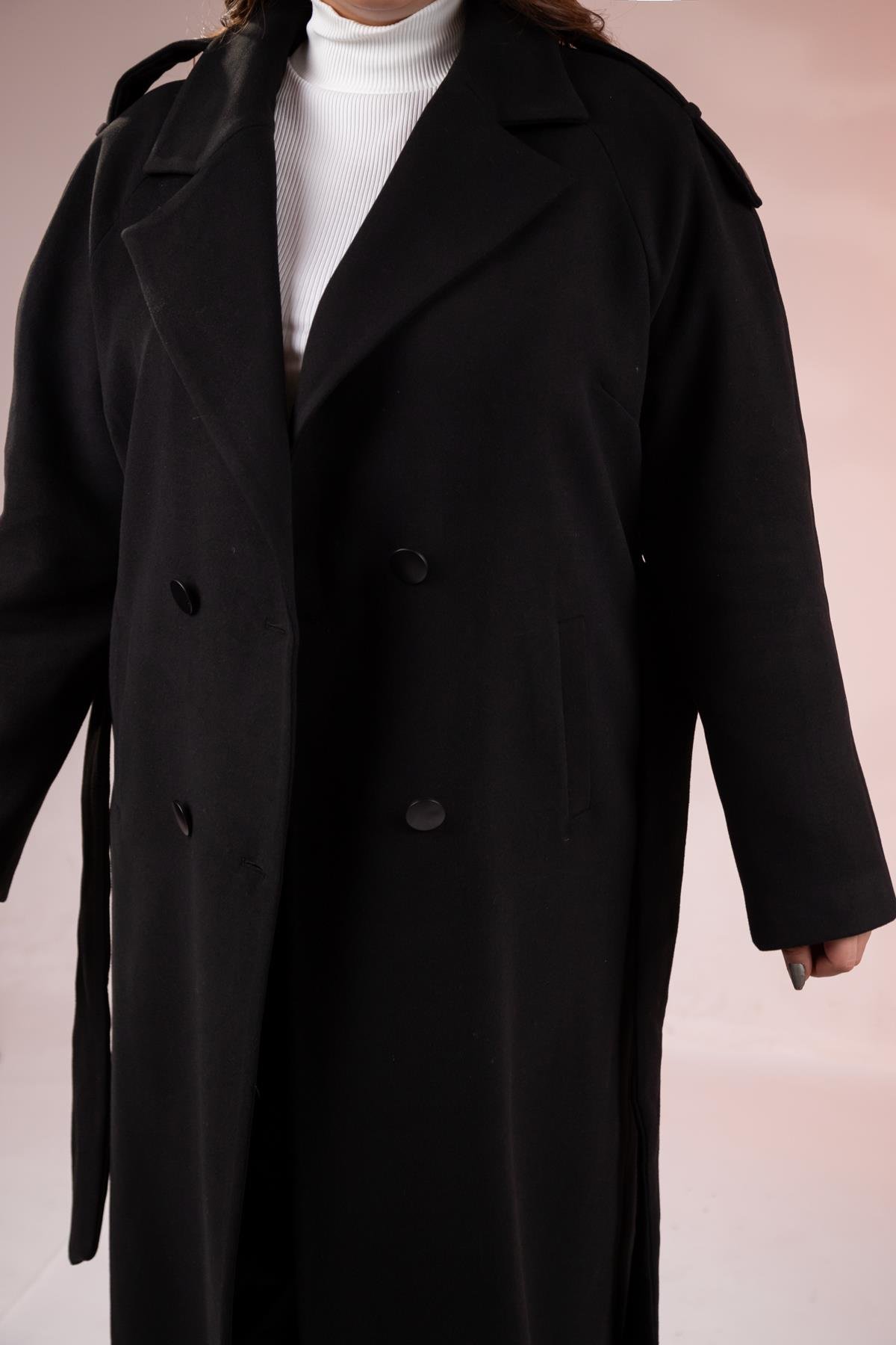 Büyük Beden 2230043 Omuzu Apoletli Uzun Kaban  Siyah