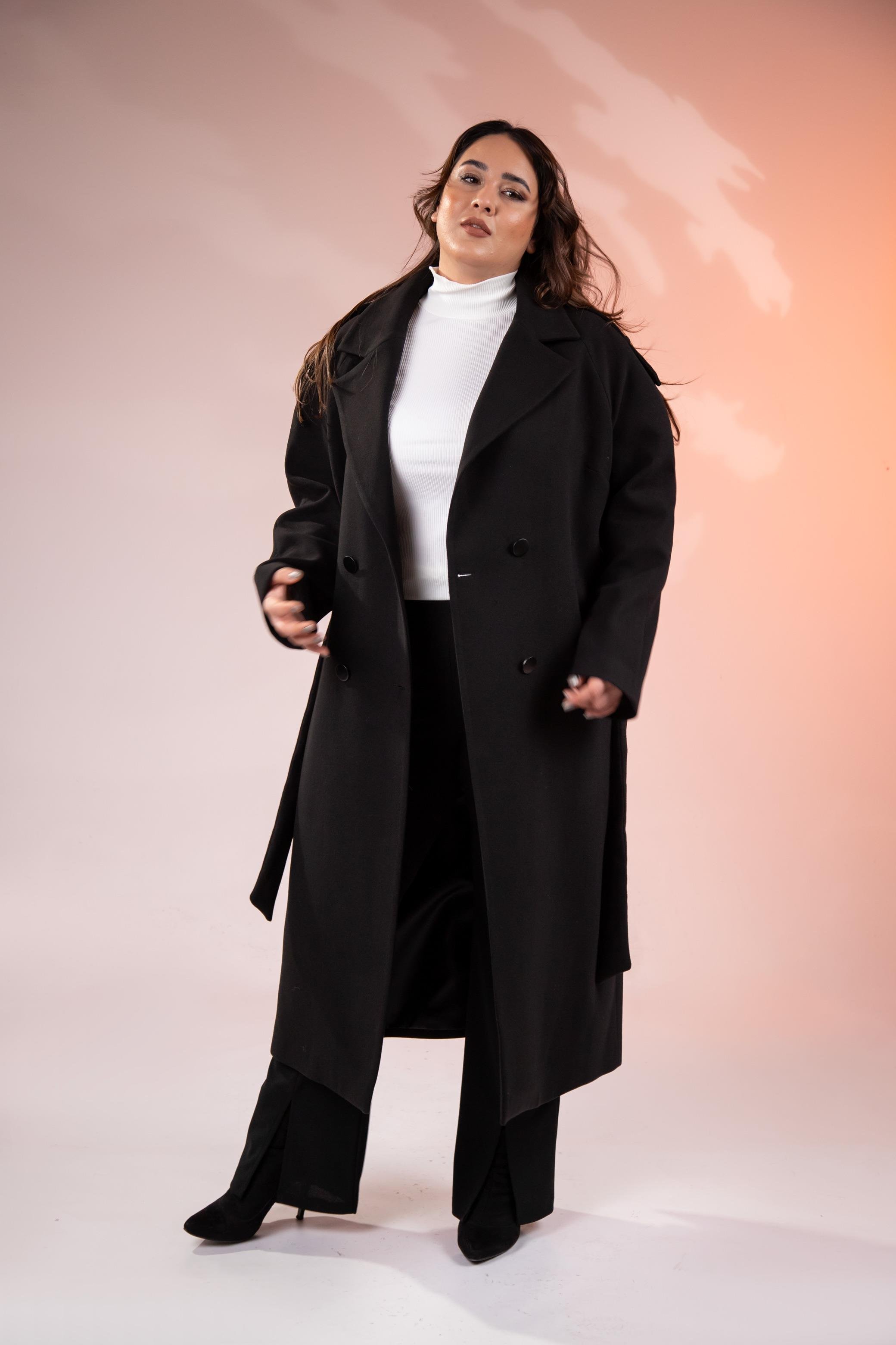 Büyük Beden 2230043 Omuzu Apoletli Uzun Kaban  Siyah