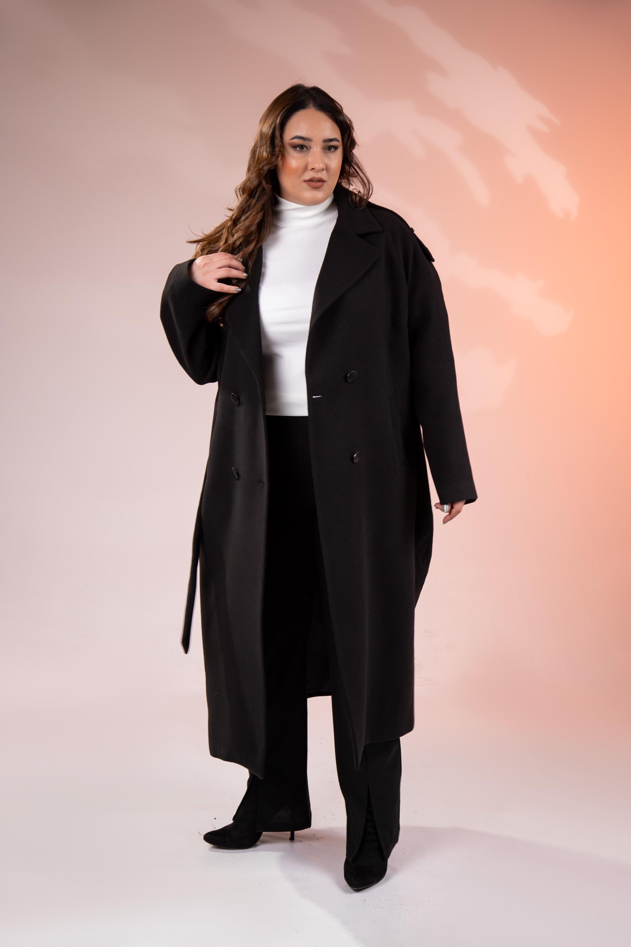 Büyük Beden 2230043 Omuzu Apoletli Uzun Kaban  Siyah