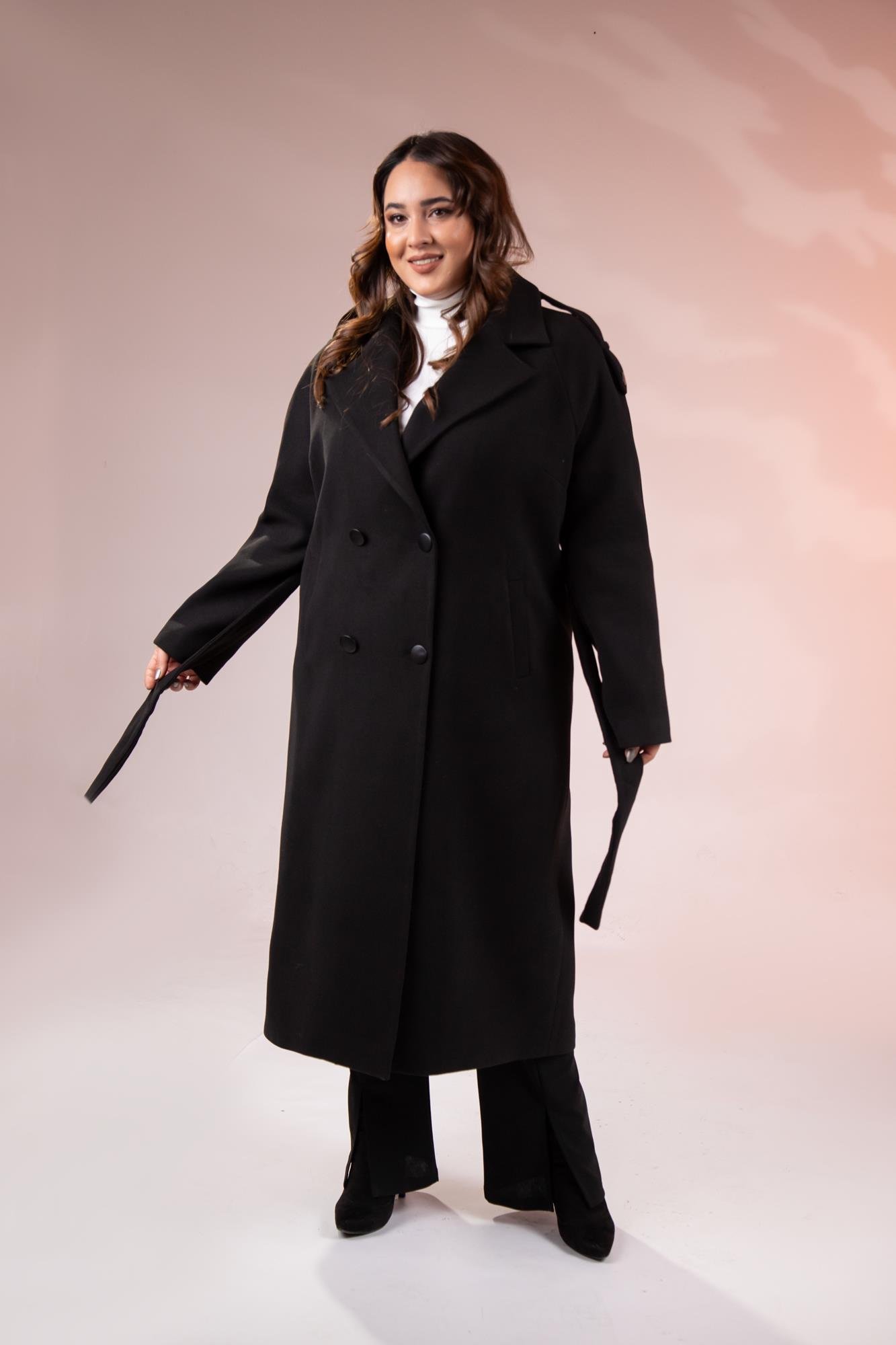 Büyük Beden 2230043 Omuzu Apoletli Uzun Kaban  Siyah