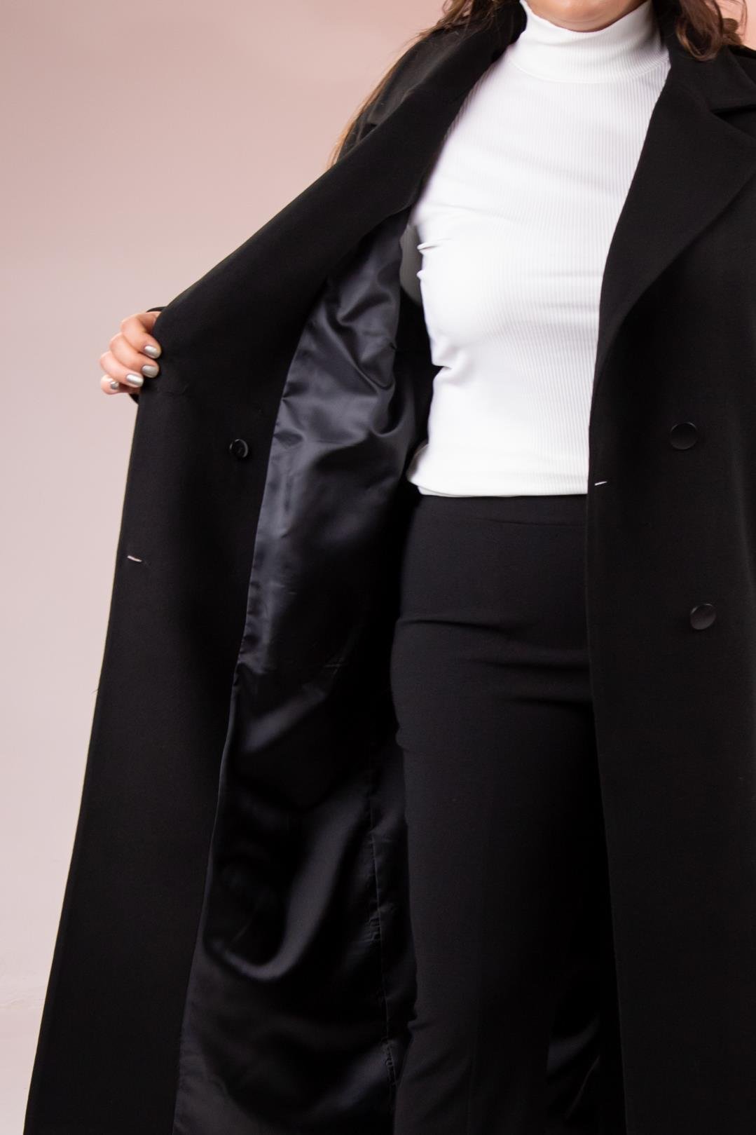 Büyük Beden 2230043 Omuzu Apoletli Uzun Kaban  Siyah