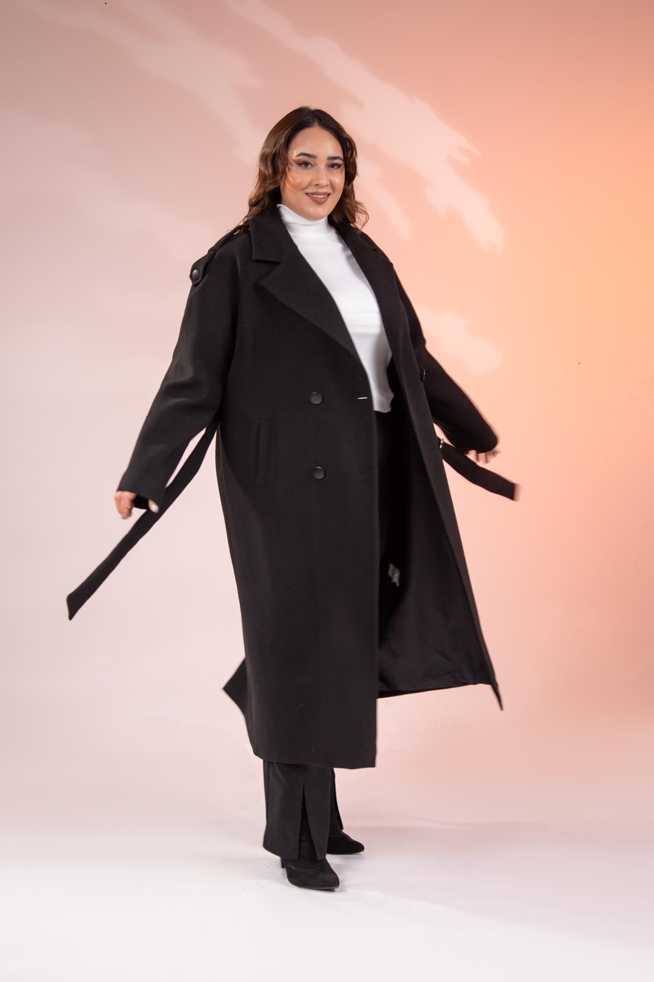 Büyük Beden 2230043 Omuzu Apoletli Uzun Kaban  Siyah