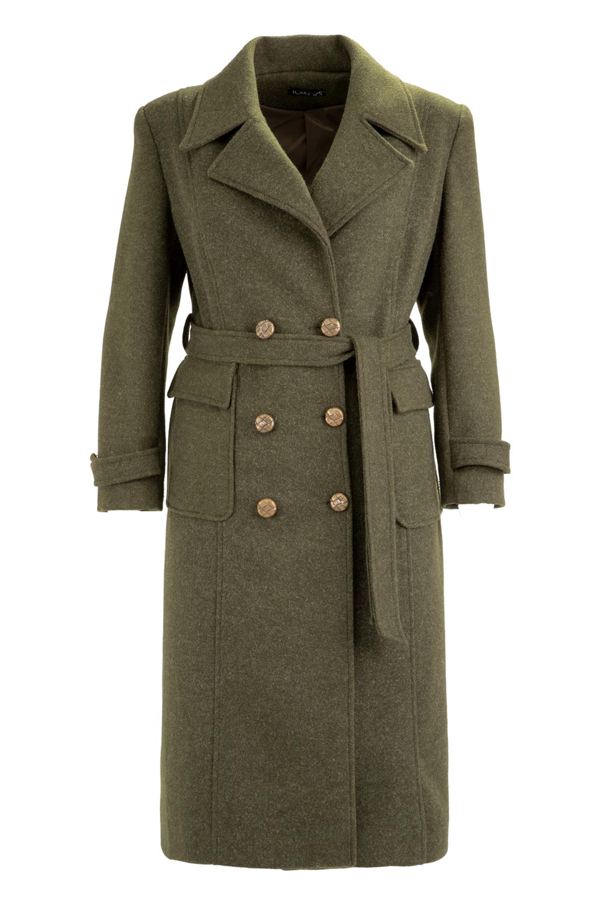 Büyük Beden 223007 Kruvaze Kolu Bantlı Kaban  Yeşil