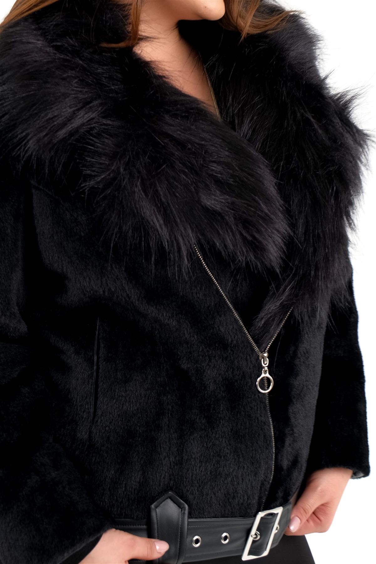 Büyük Beden 223011 Kürklü Beli Kemerli Kısa Kaban  Siyah