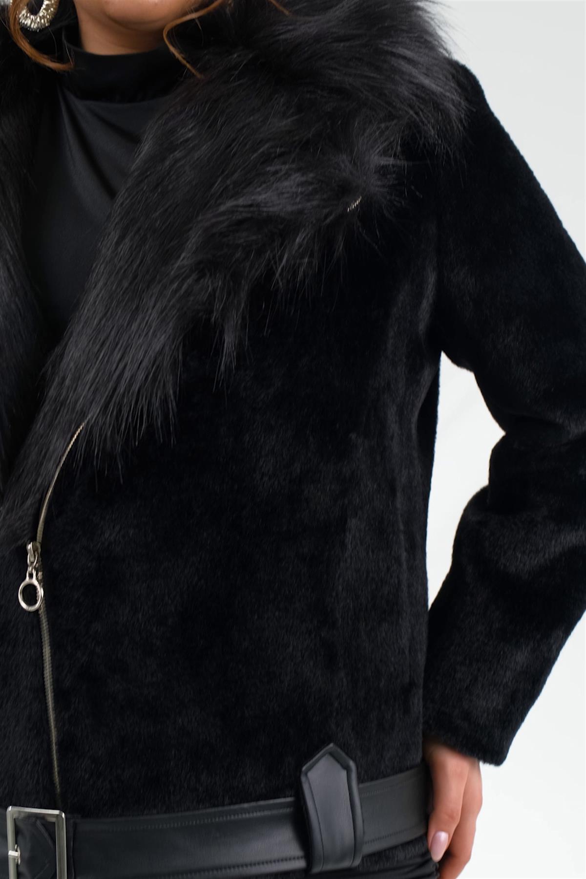 Büyük Beden 223011 Kürklü Beli Kemerli Kısa Kaban  Siyah