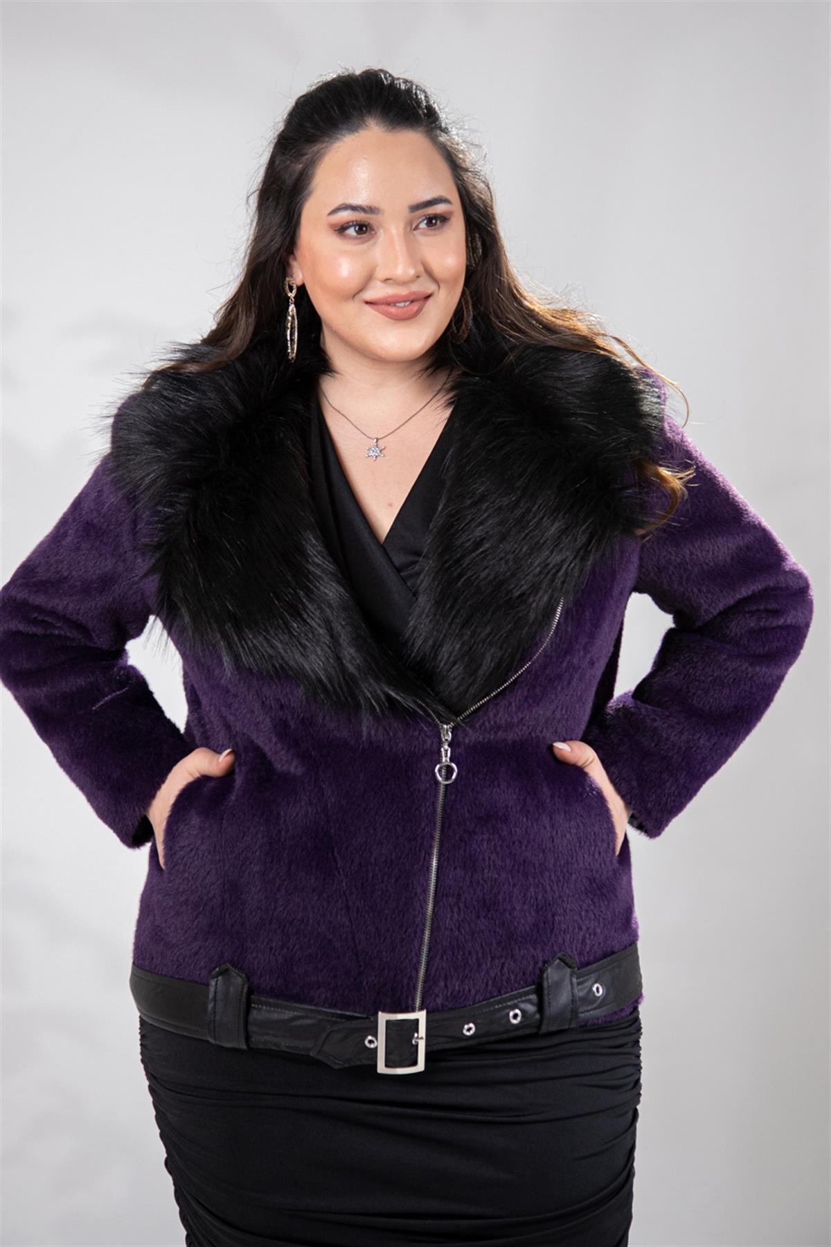 Büyük Beden 223011 Kürklü Beli Kemerli Kısa Kaban  Mor