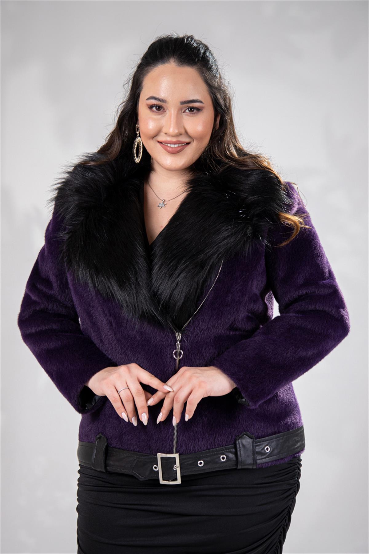 Büyük Beden 223011 Kürklü Beli Kemerli Kısa Kaban  Mor