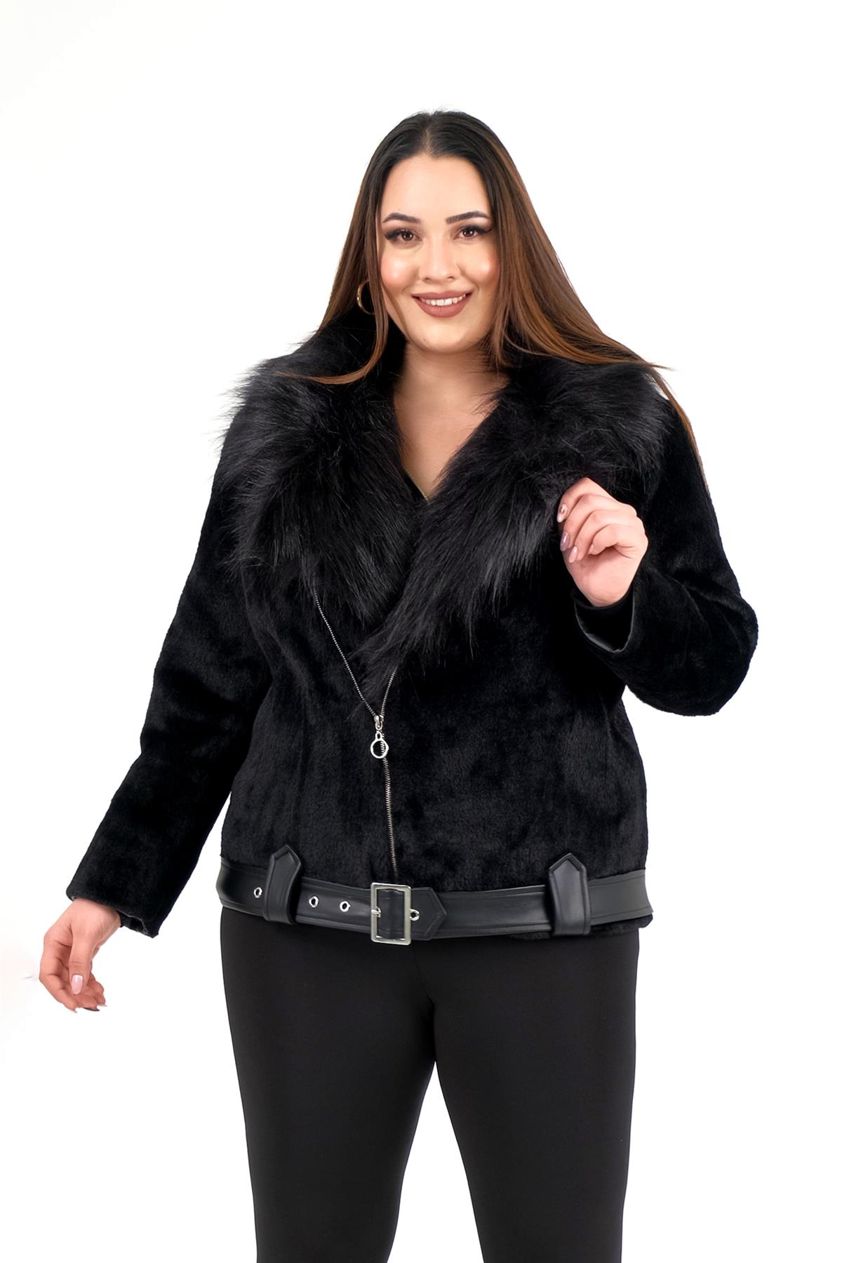Büyük Beden 223011 Kürklü Beli Kemerli Kısa Kaban  Siyah