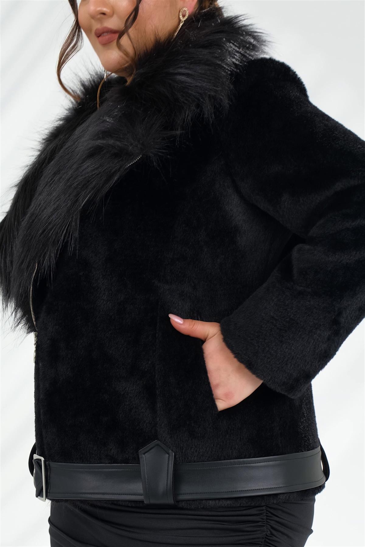 Büyük Beden 223011 Kürklü Beli Kemerli Kısa Kaban  Siyah