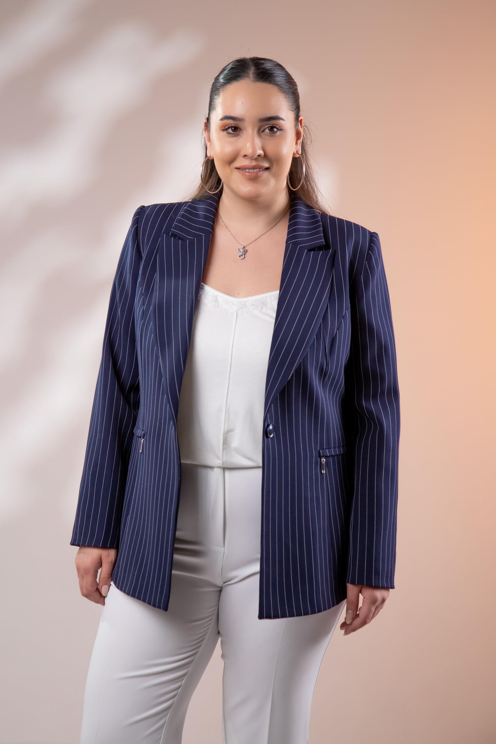 Büyük Beden 2234741 Çizgili Blazer Ceket  Lacivert