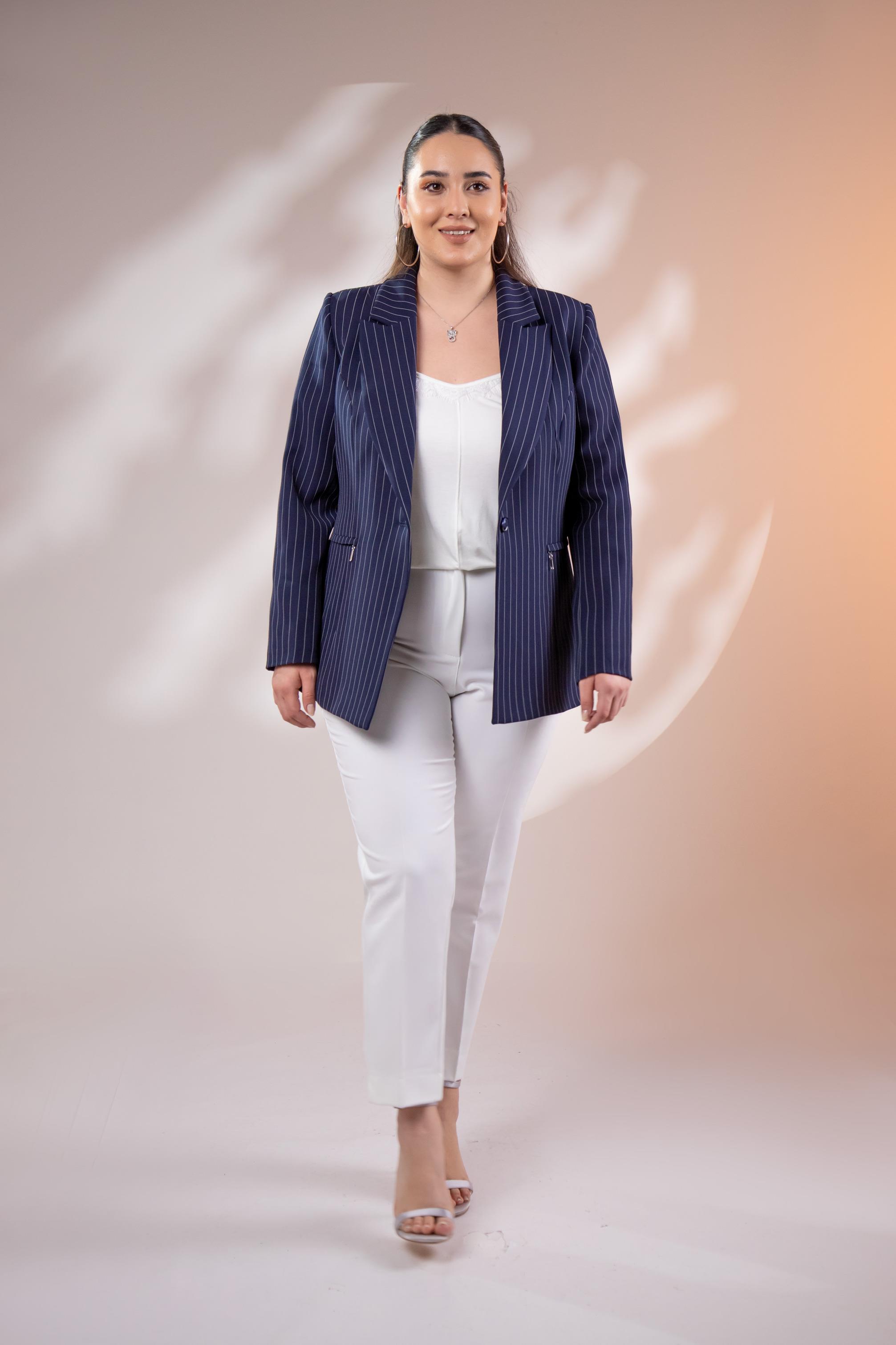 Büyük Beden 2234741 Çizgili Blazer Ceket  Lacivert