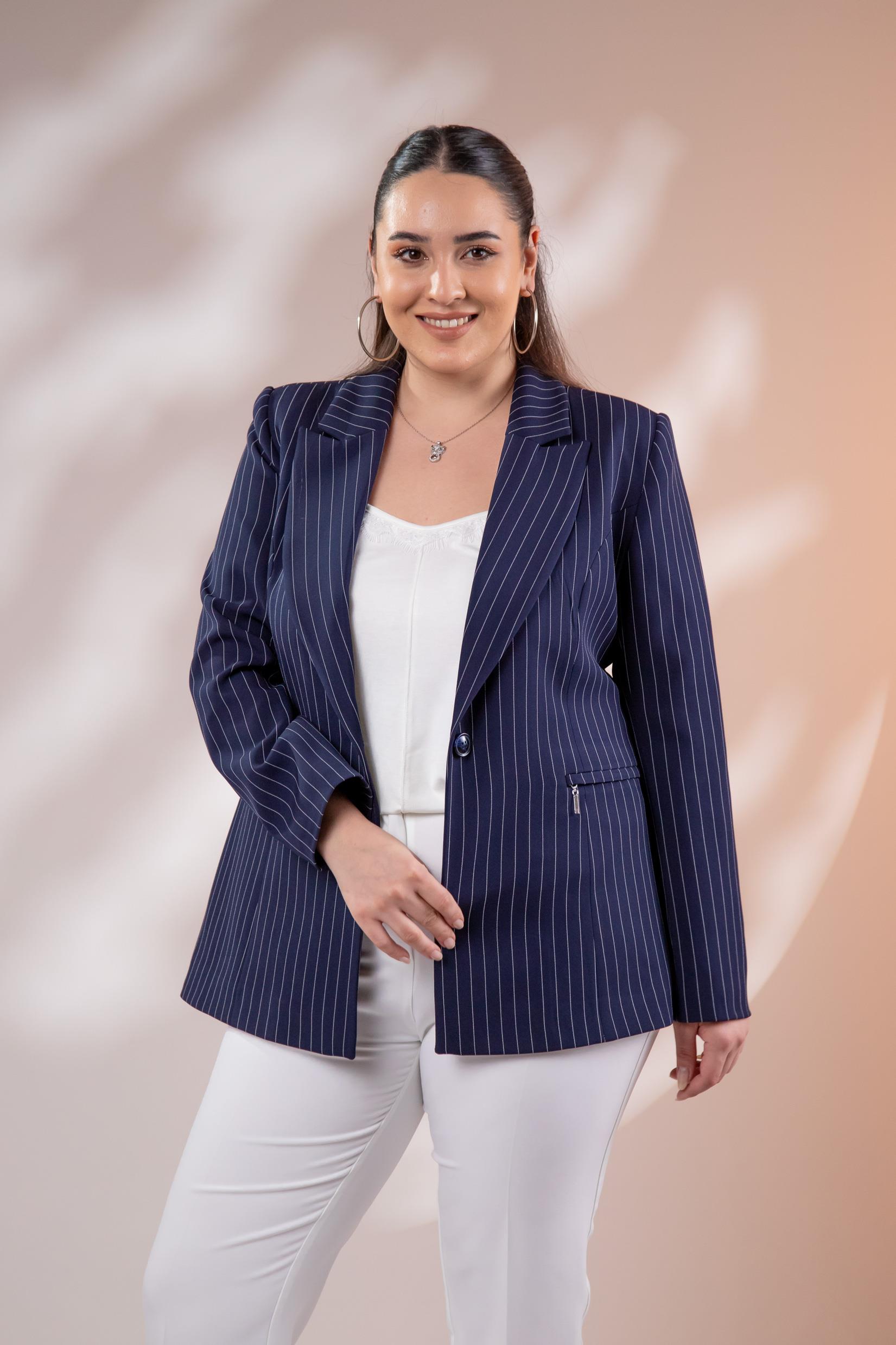 Büyük Beden 2234741 Çizgili Blazer Ceket  Lacivert