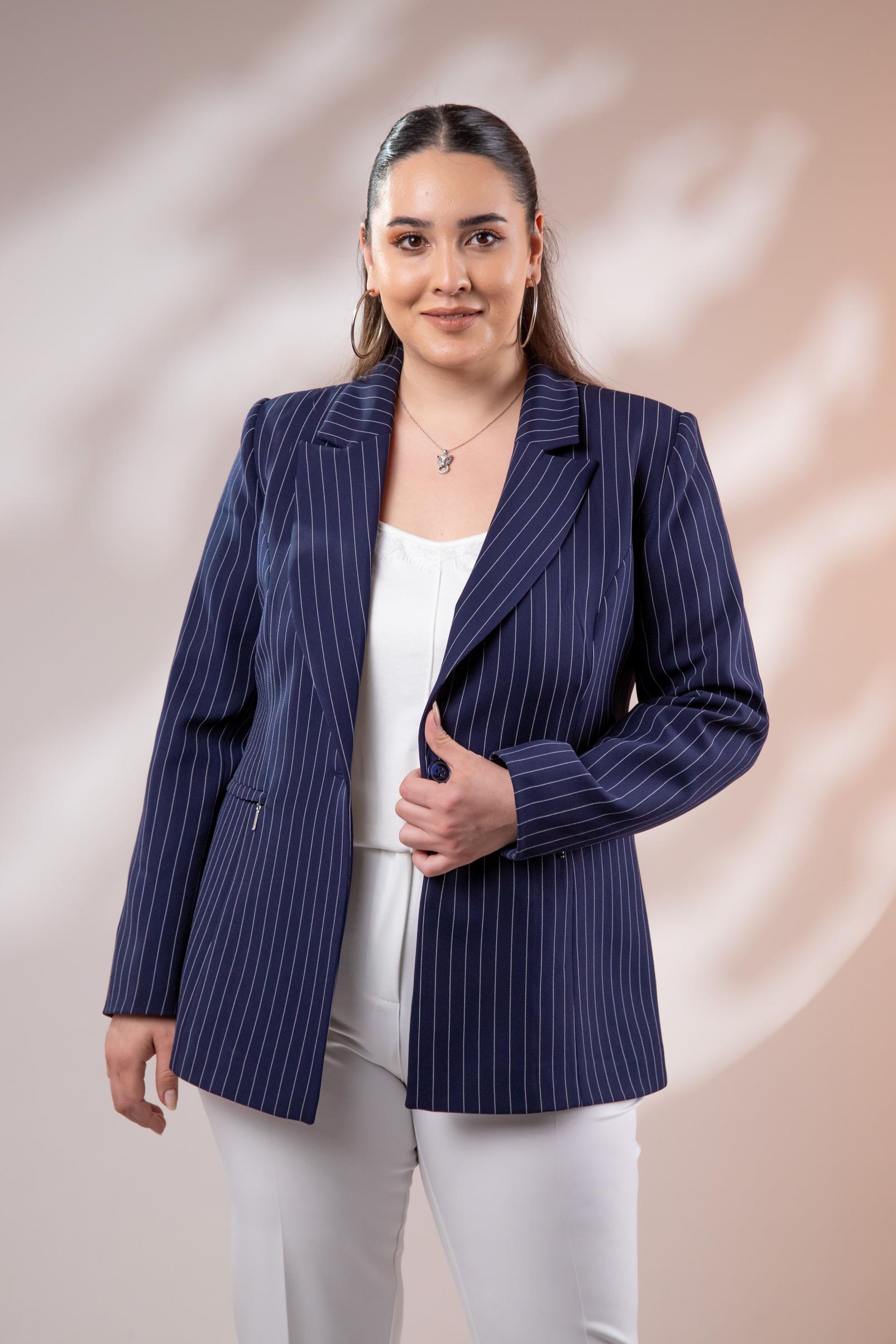 Büyük Beden 2234741 Çizgili Blazer Ceket  Lacivert