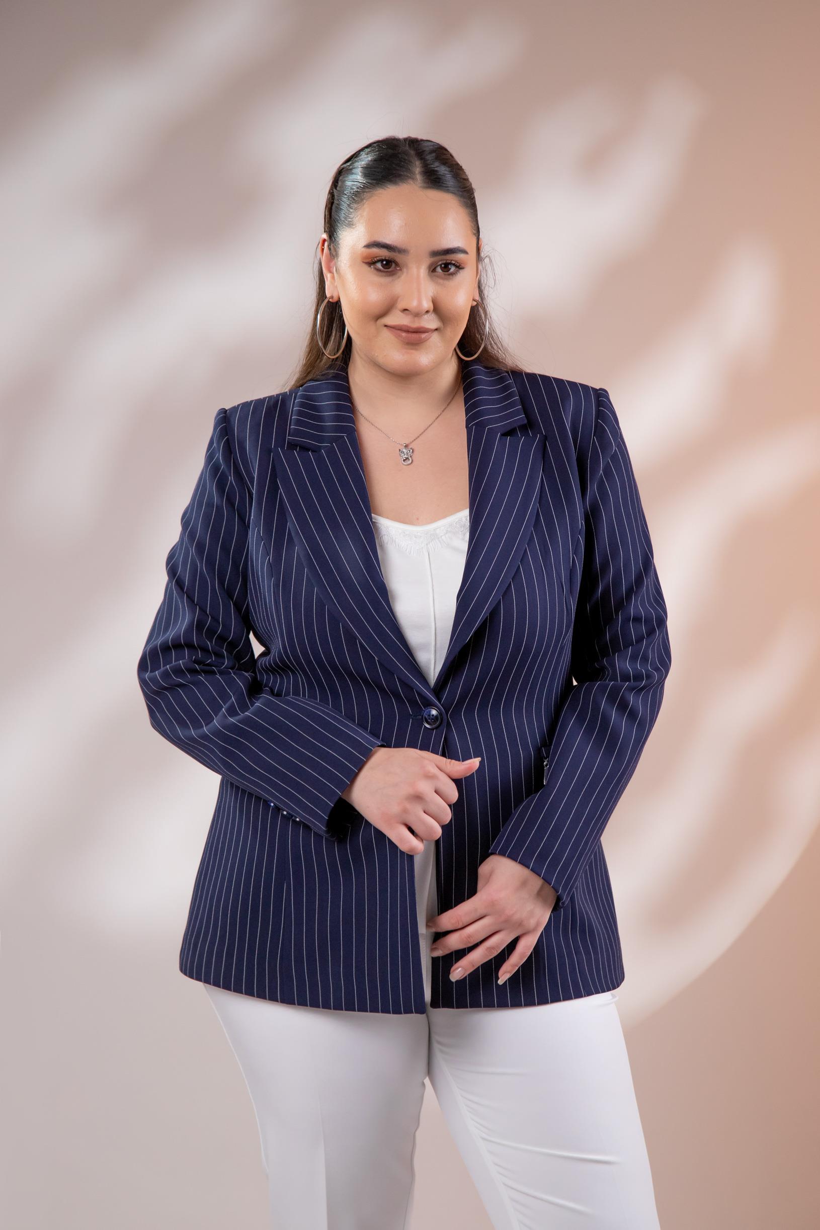 Büyük Beden 2234741 Çizgili Blazer Ceket  Lacivert