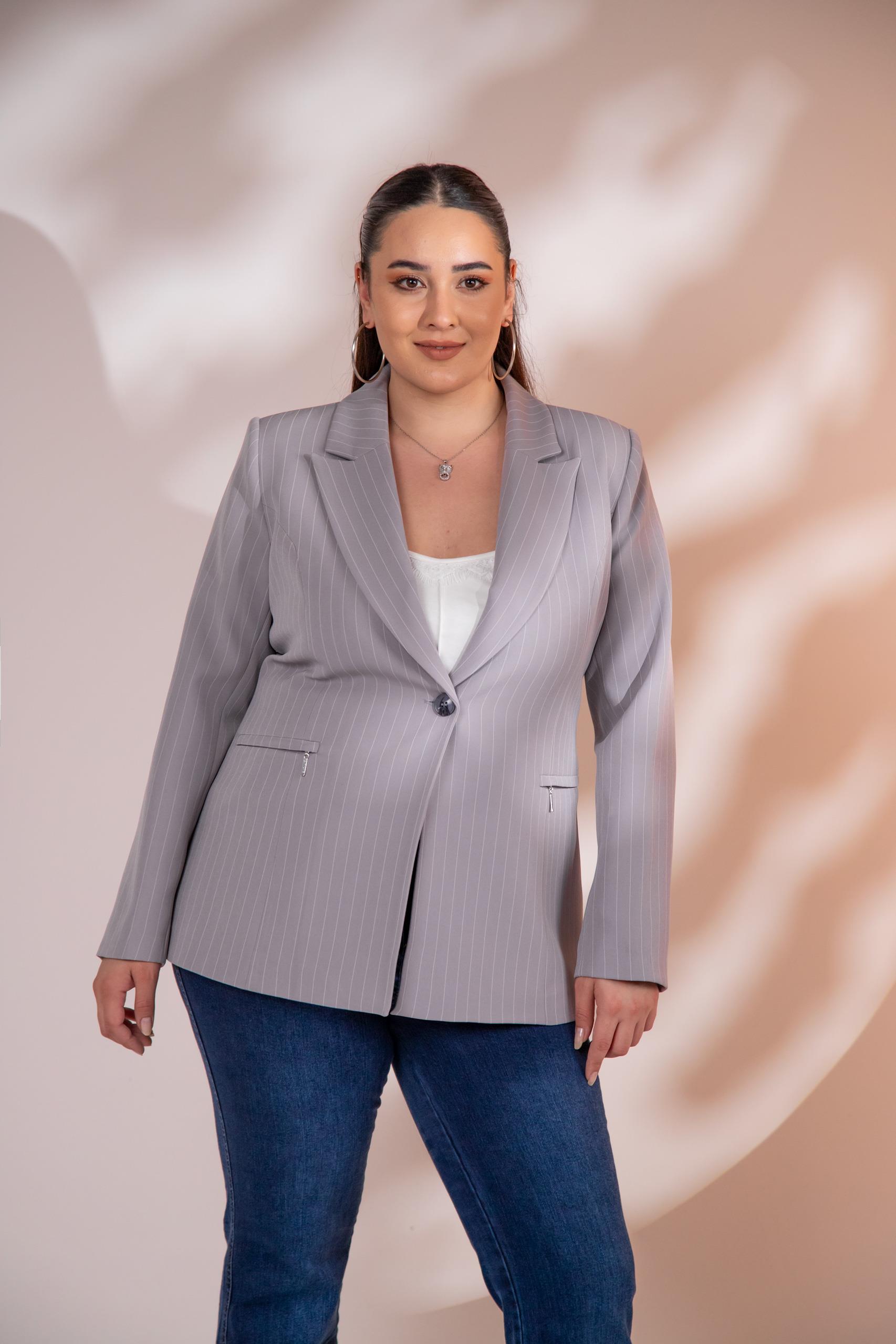 Büyük Beden 2234741 Çizgili Blazer Ceket  Gri