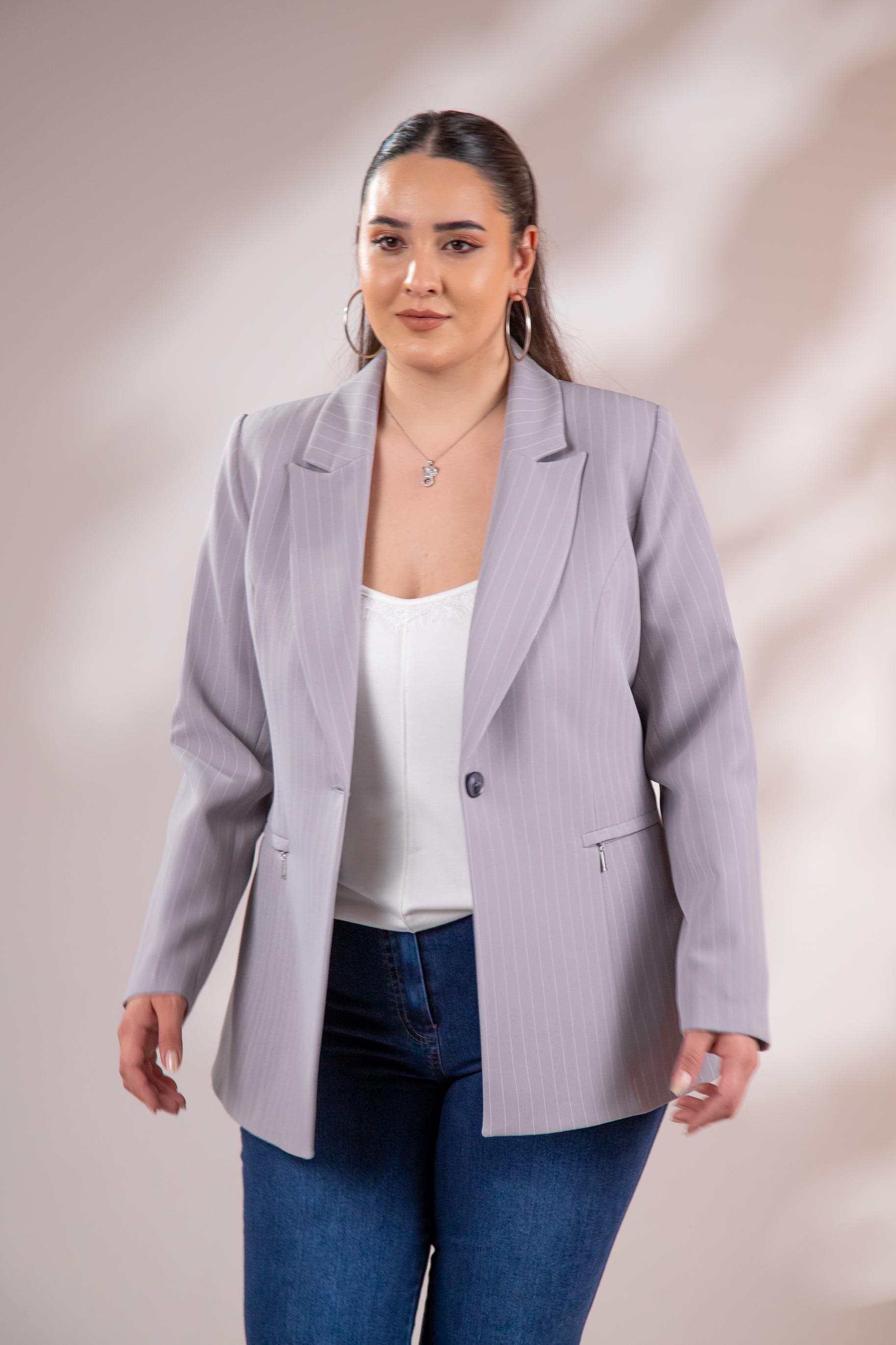 Büyük Beden 2234741 Çizgili Blazer Ceket  Gri