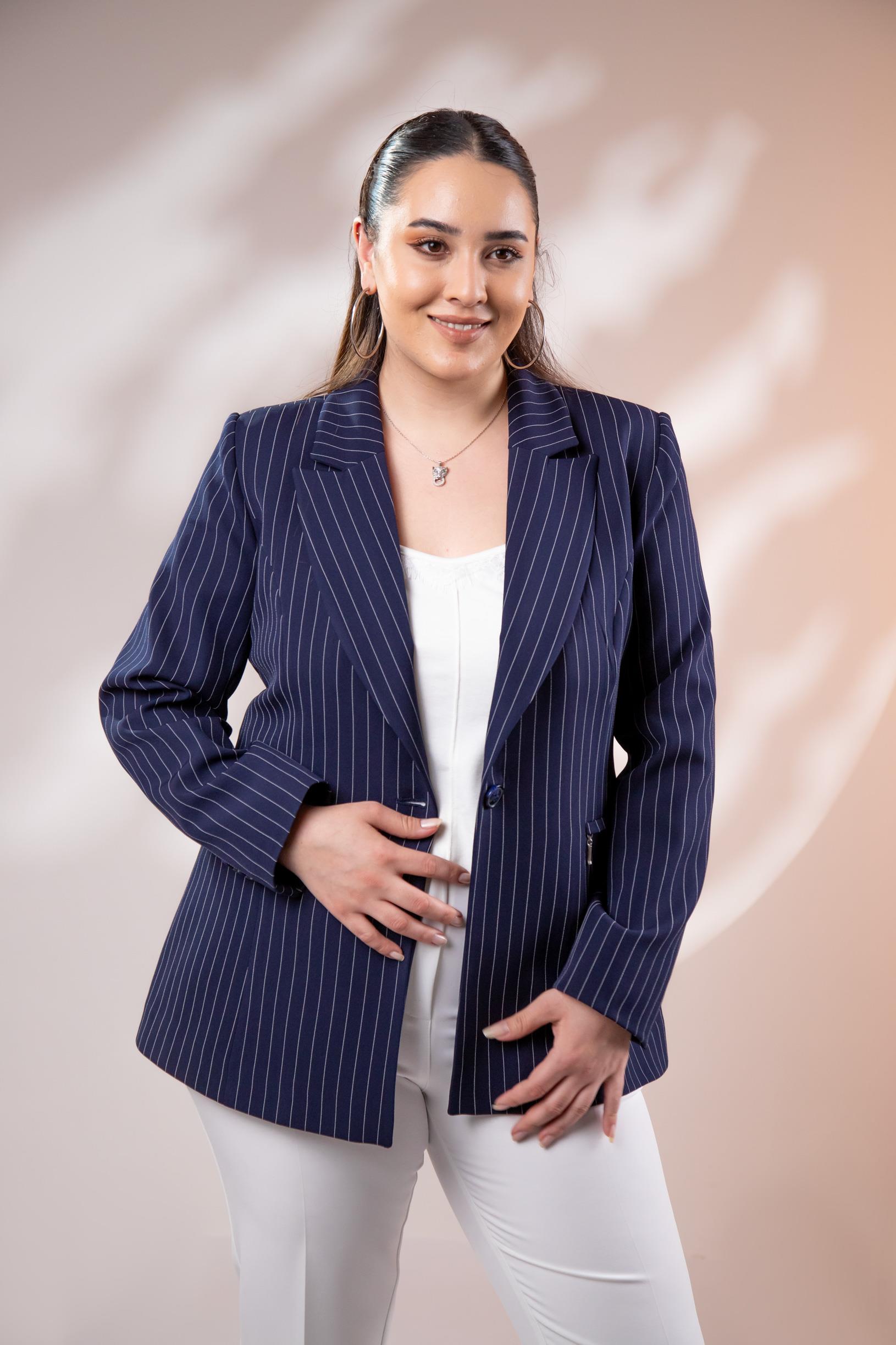 Büyük Beden 2234741 Çizgili Blazer Ceket  Lacivert