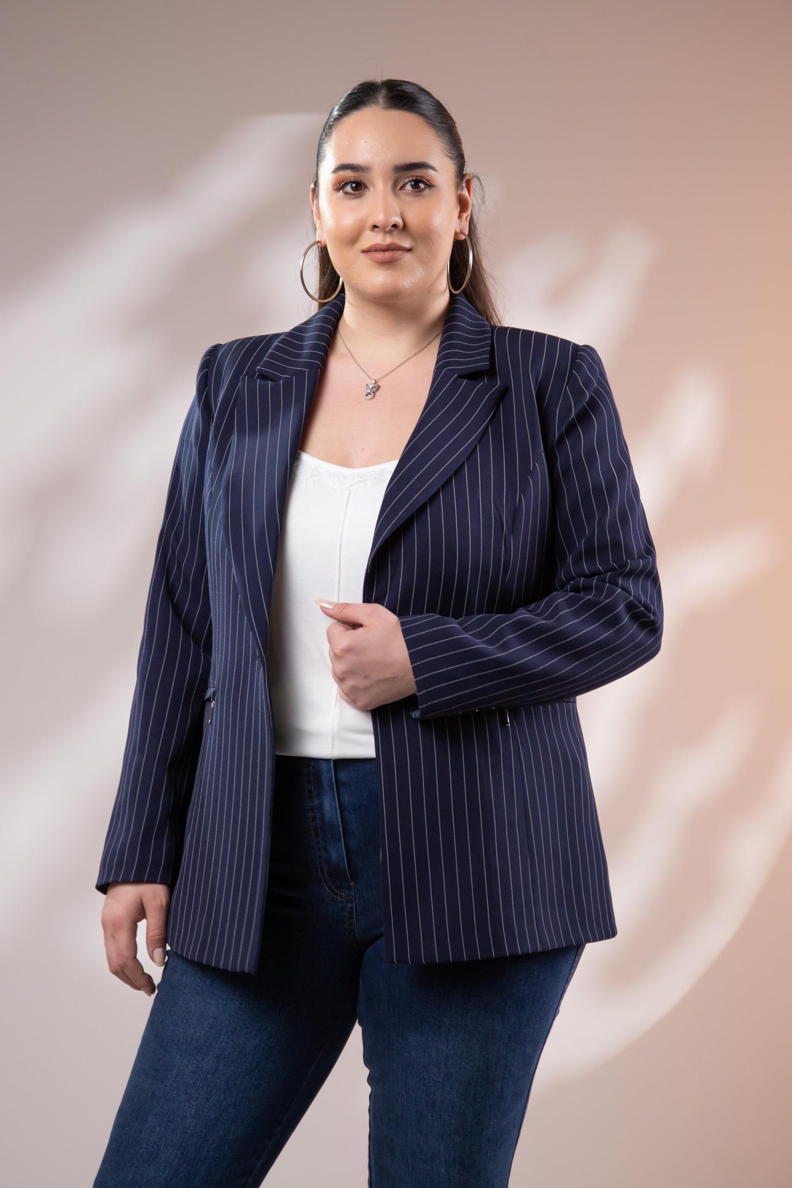 Büyük Beden 2234741 Çizgili Blazer Ceket  Lacivert