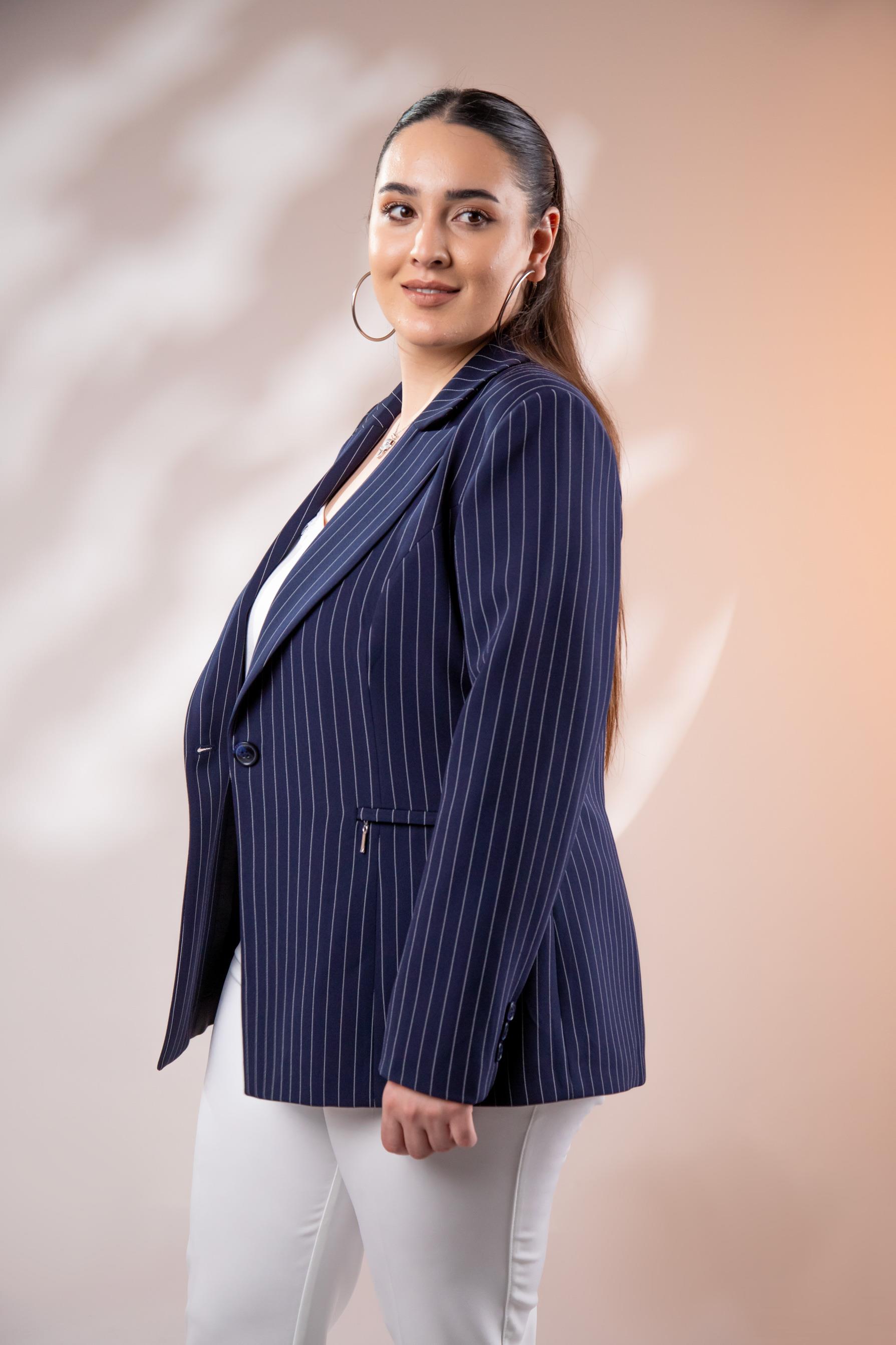 Büyük Beden 2234741 Çizgili Blazer Ceket  Lacivert