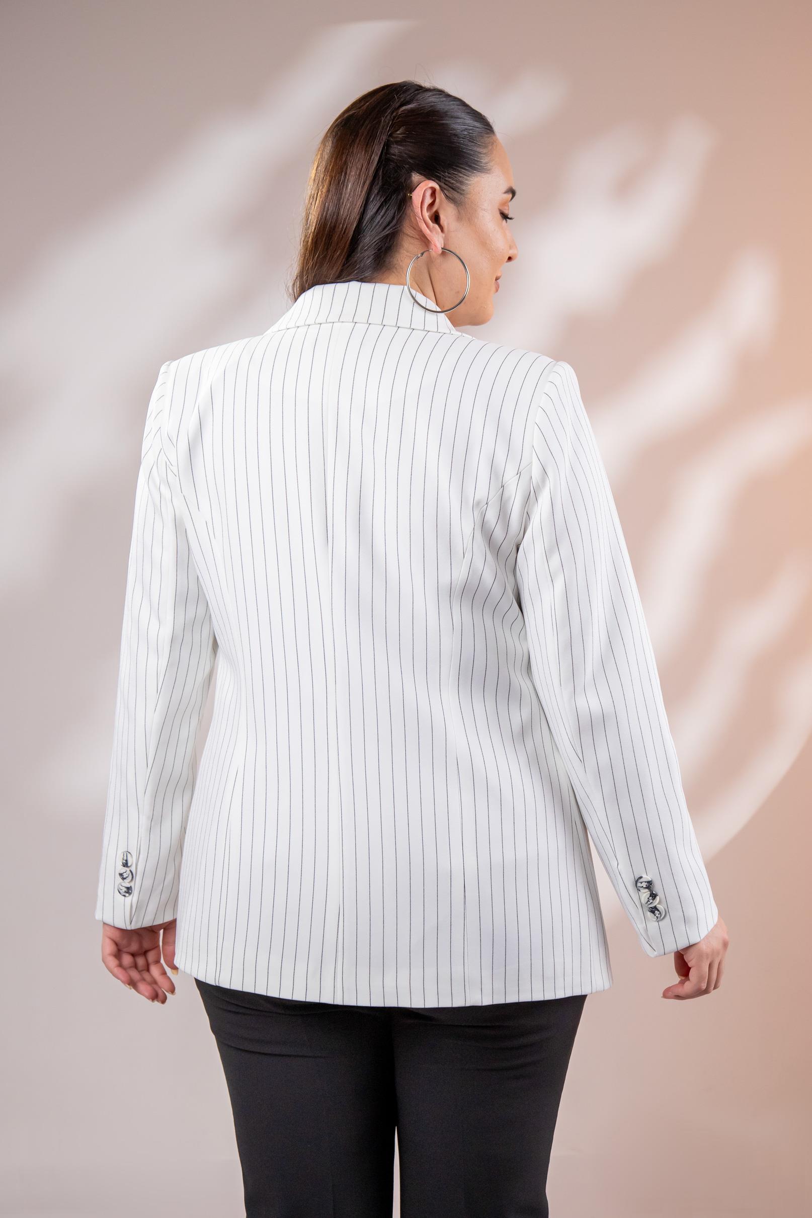 Büyük Beden 2234741 Çizgili Blazer Ceket  Beyaz