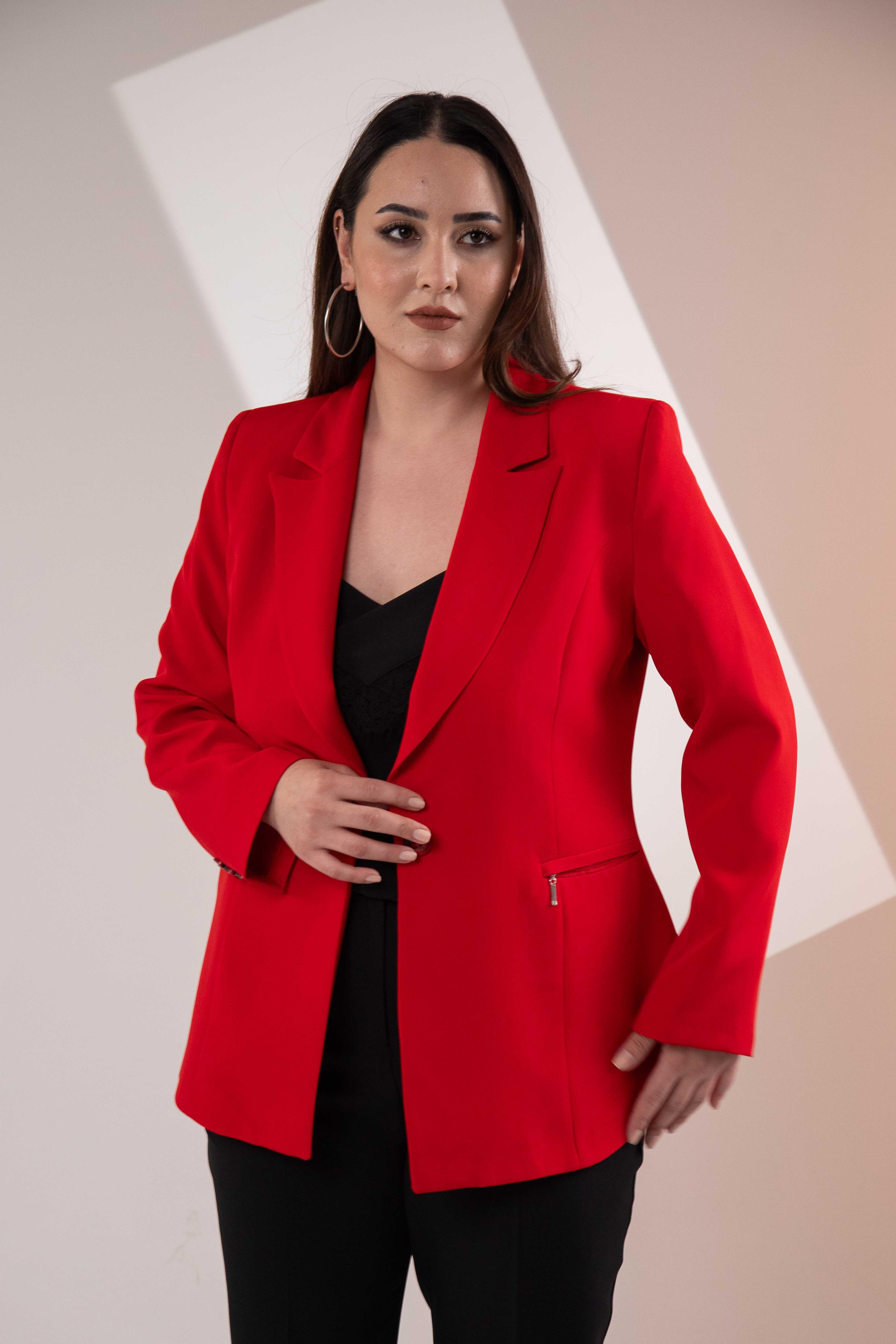 Büyük Beden 2234742 Cep Fermuarlı Blazer Ceket  Kırmızı