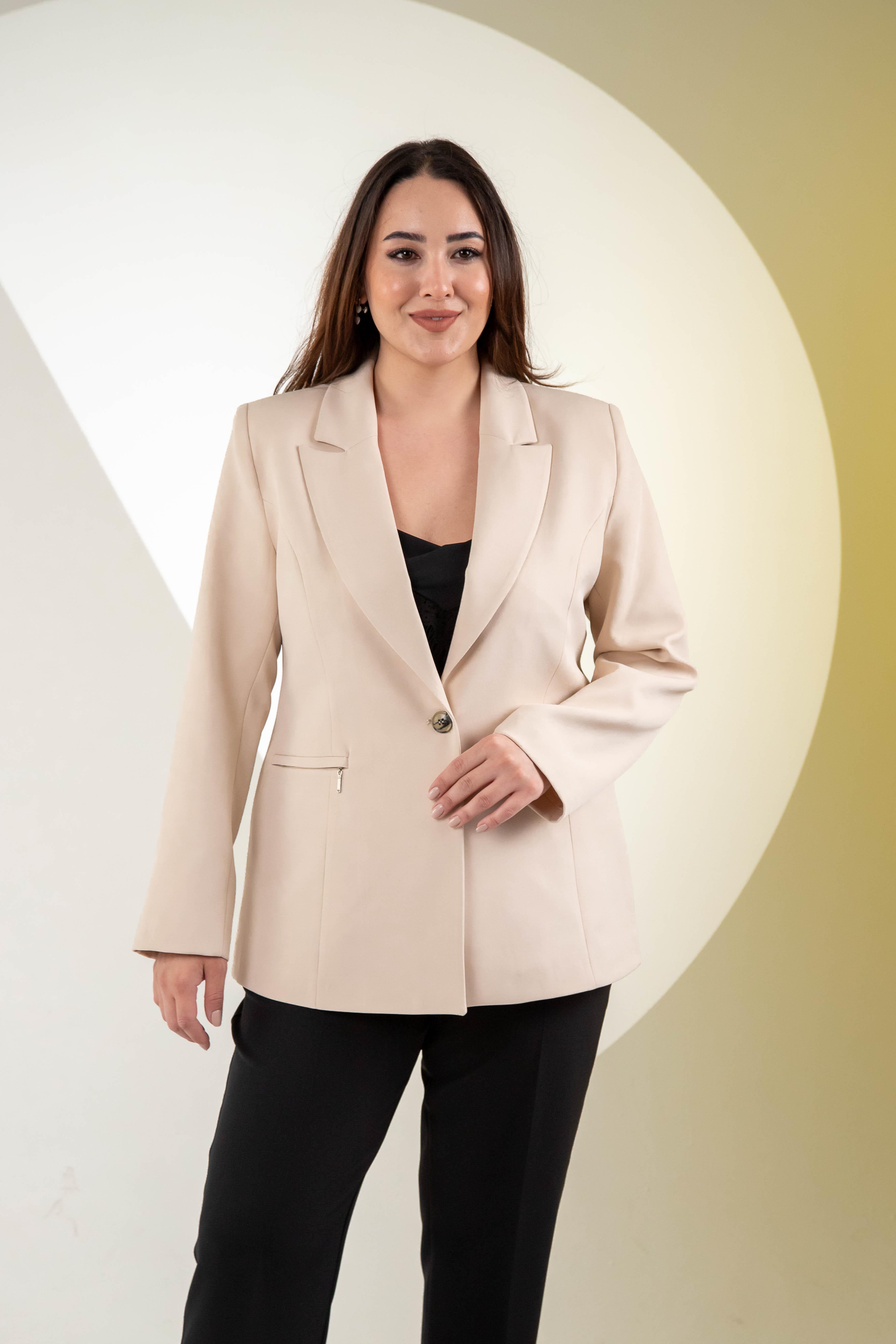 Büyük Beden 2234742 Cep Fermuarlı Blazer Ceket  Taş