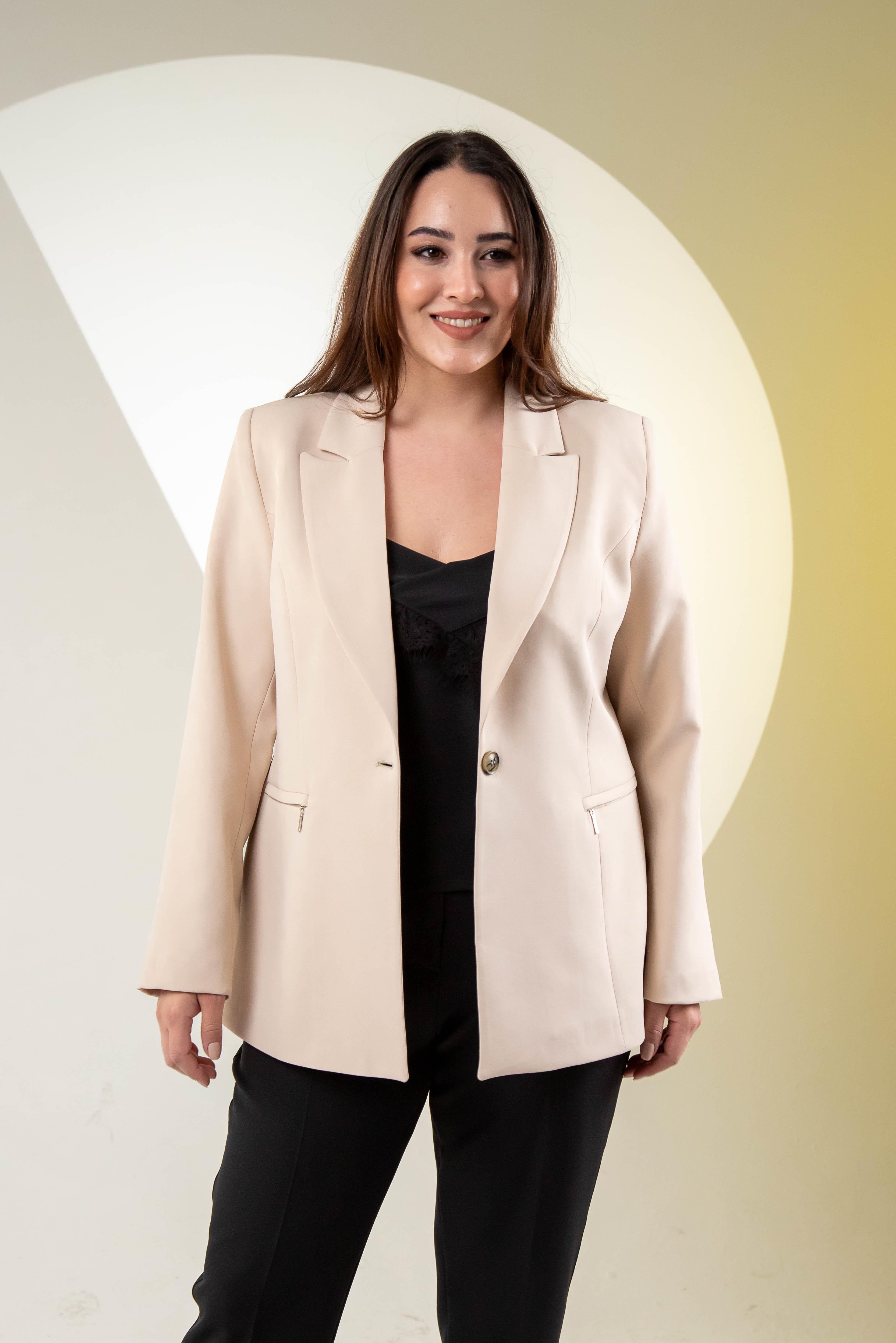 Büyük Beden 2234742 Cep Fermuarlı Blazer Ceket  Taş