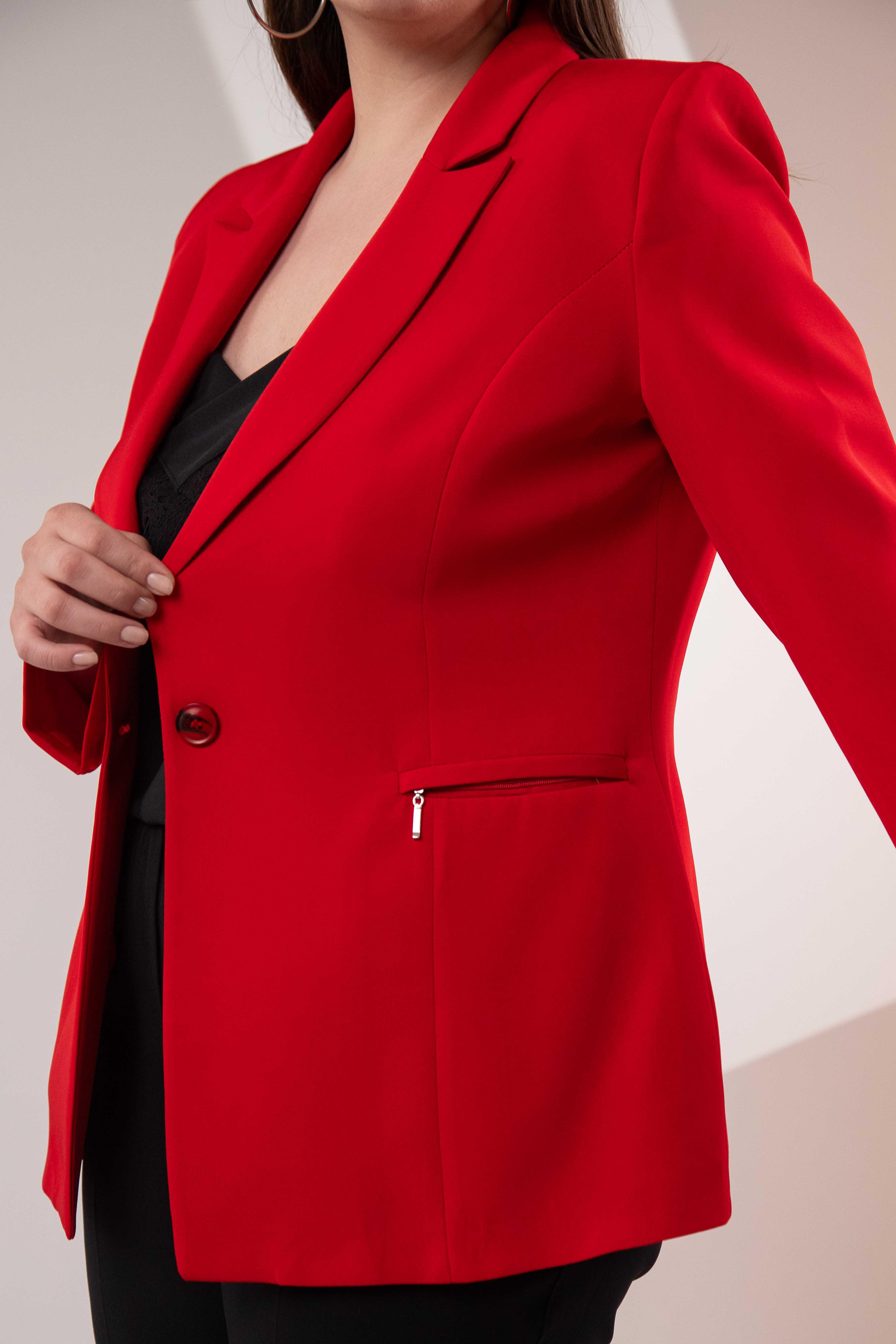 Büyük Beden 2234742 Cep Fermuarlı Blazer Ceket  Kırmızı