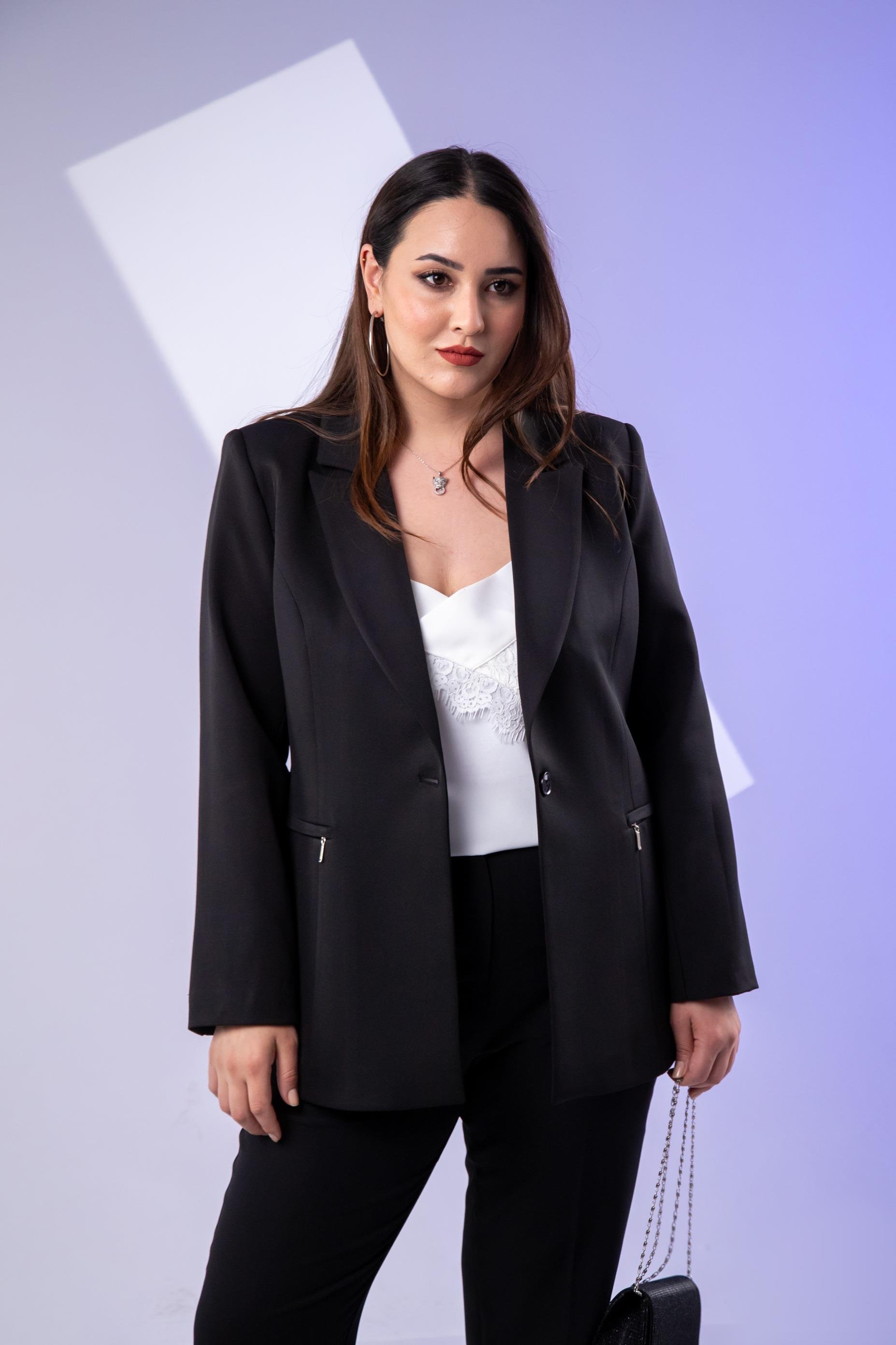 Büyük Beden 2234742 Cep Fermuarlı Blazer Ceket  Siyah