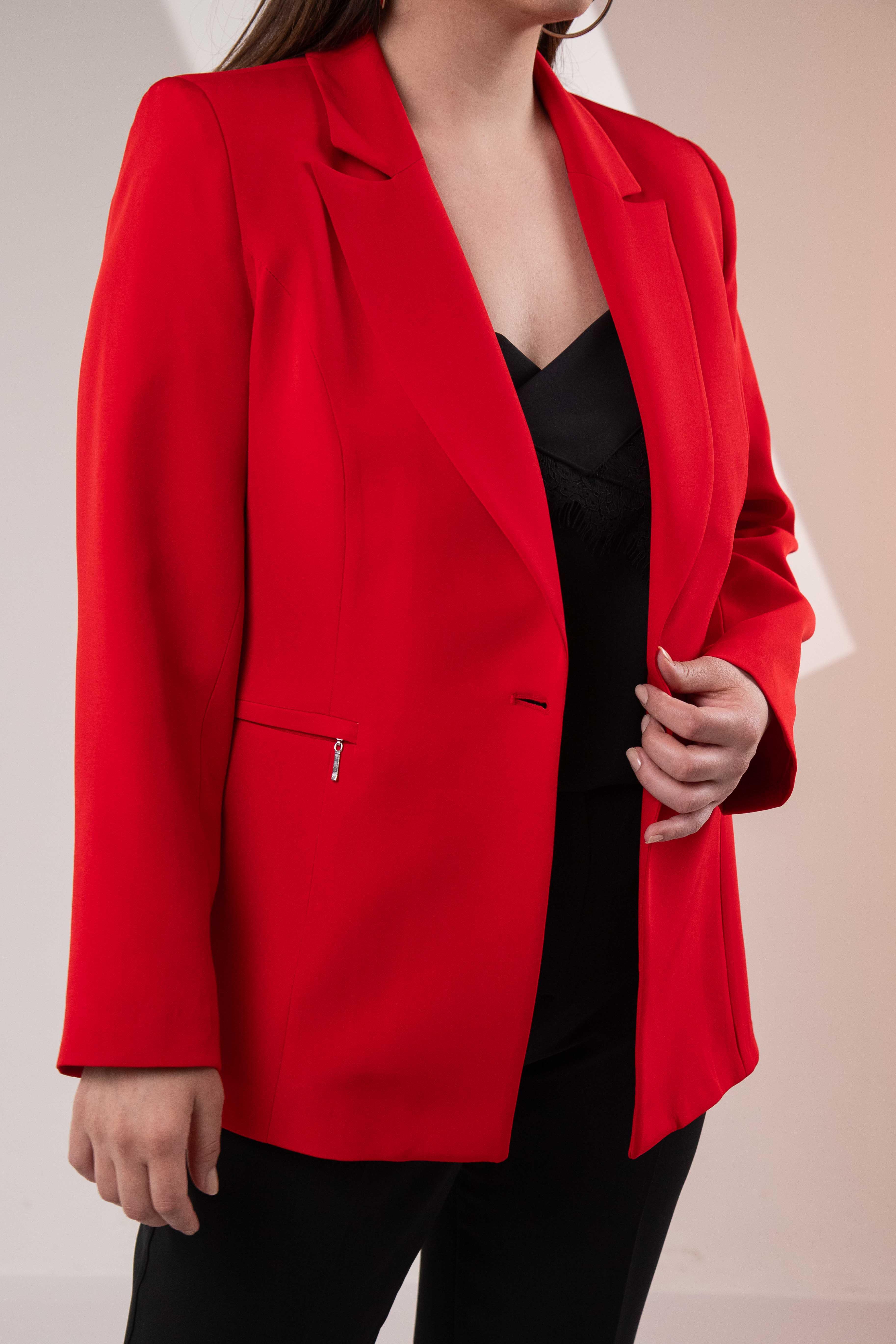 Büyük Beden 2234742 Cep Fermuarlı Blazer Ceket  Kırmızı