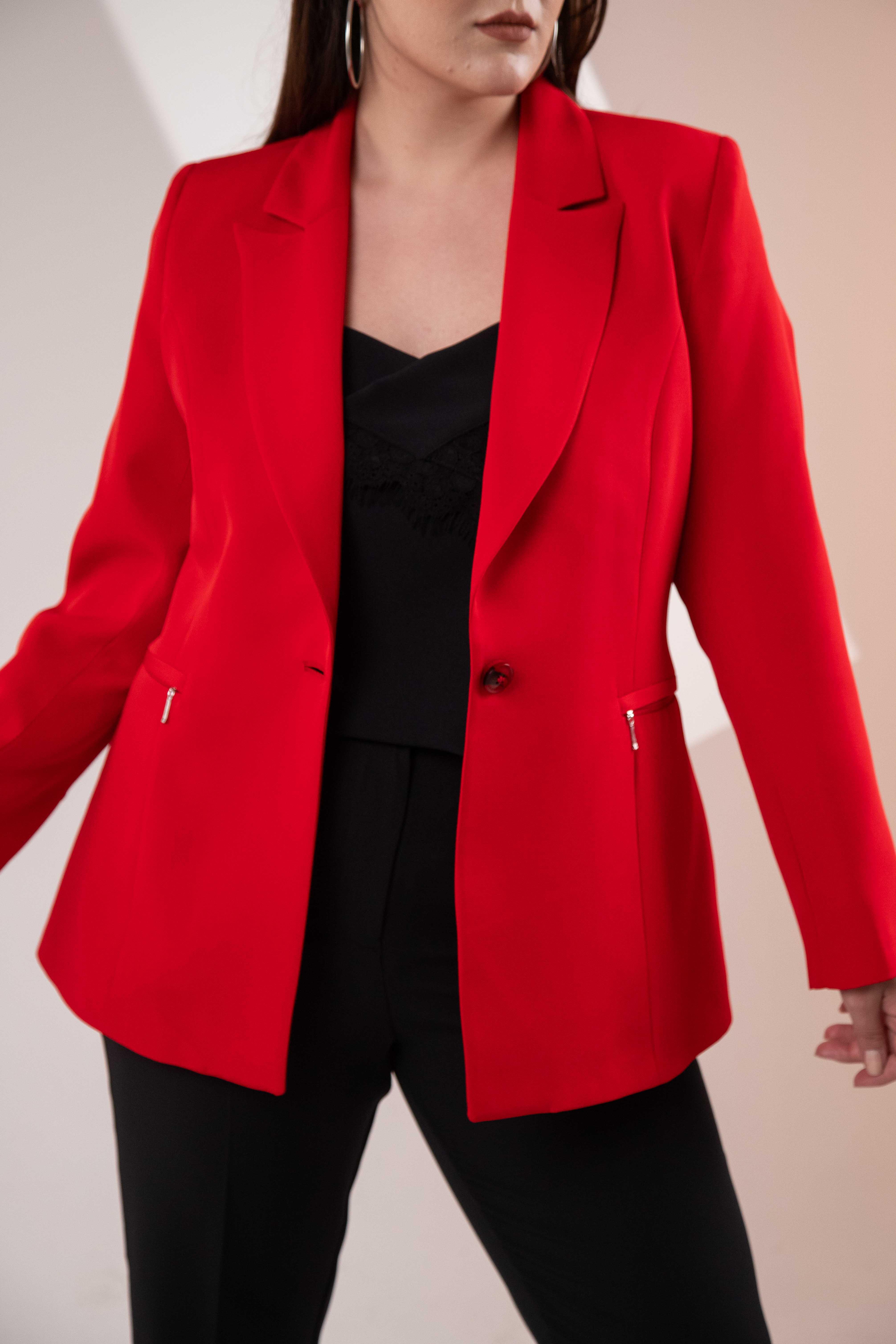 Büyük Beden 2234742 Cep Fermuarlı Blazer Ceket  Kırmızı