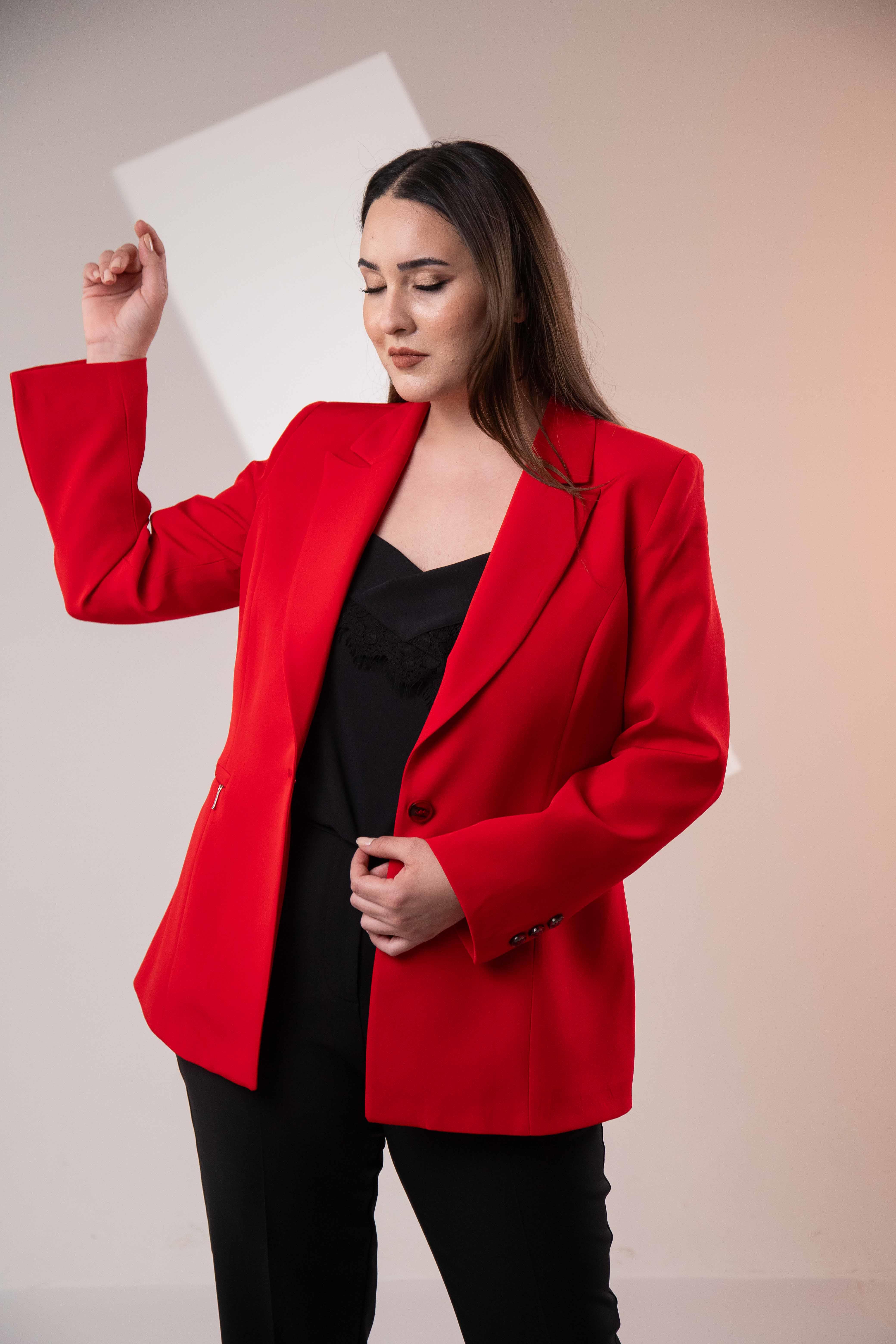 Büyük Beden 2234742 Cep Fermuarlı Blazer Ceket  Kırmızı