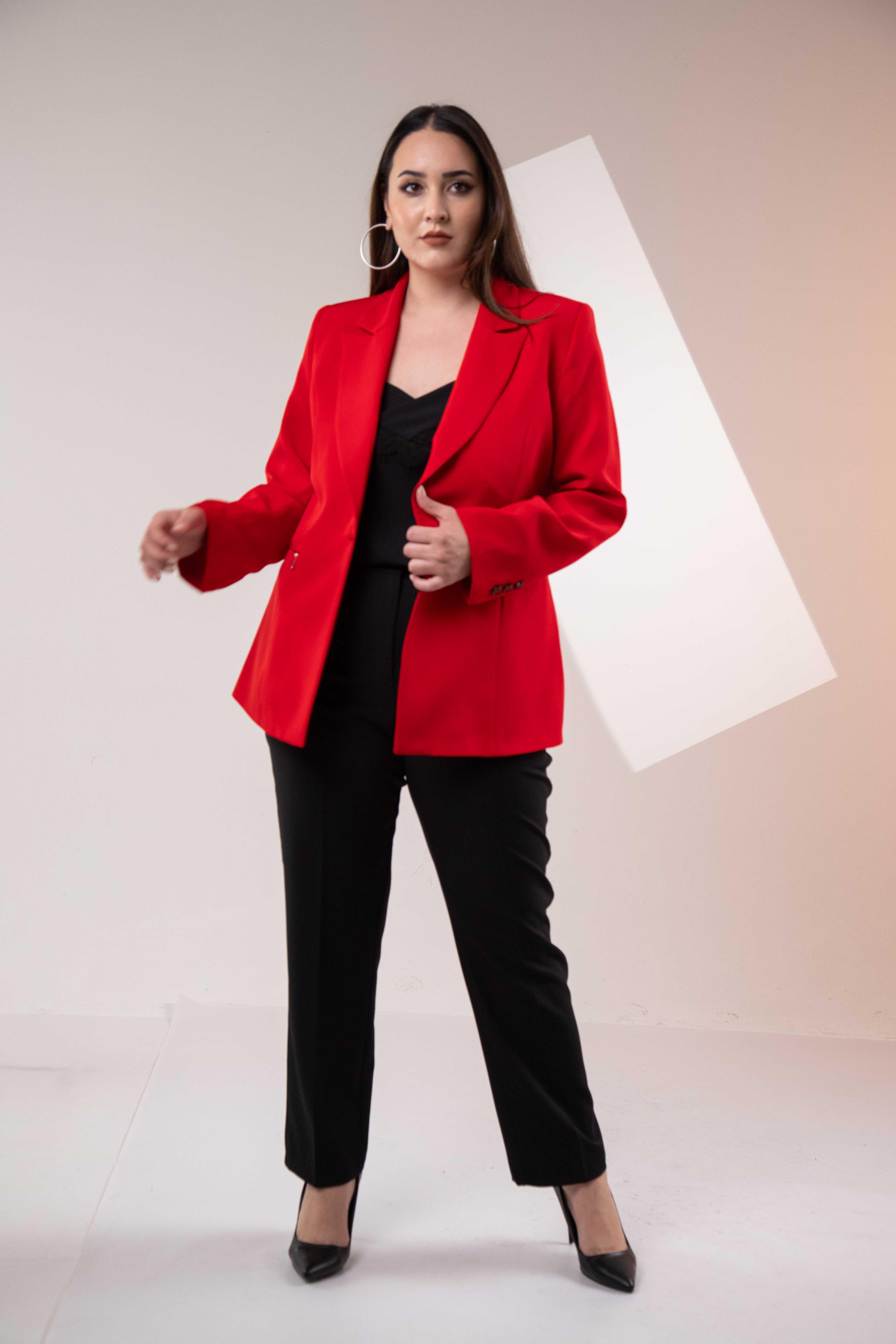 Büyük Beden 2234742 Cep Fermuarlı Blazer Ceket  Kırmızı