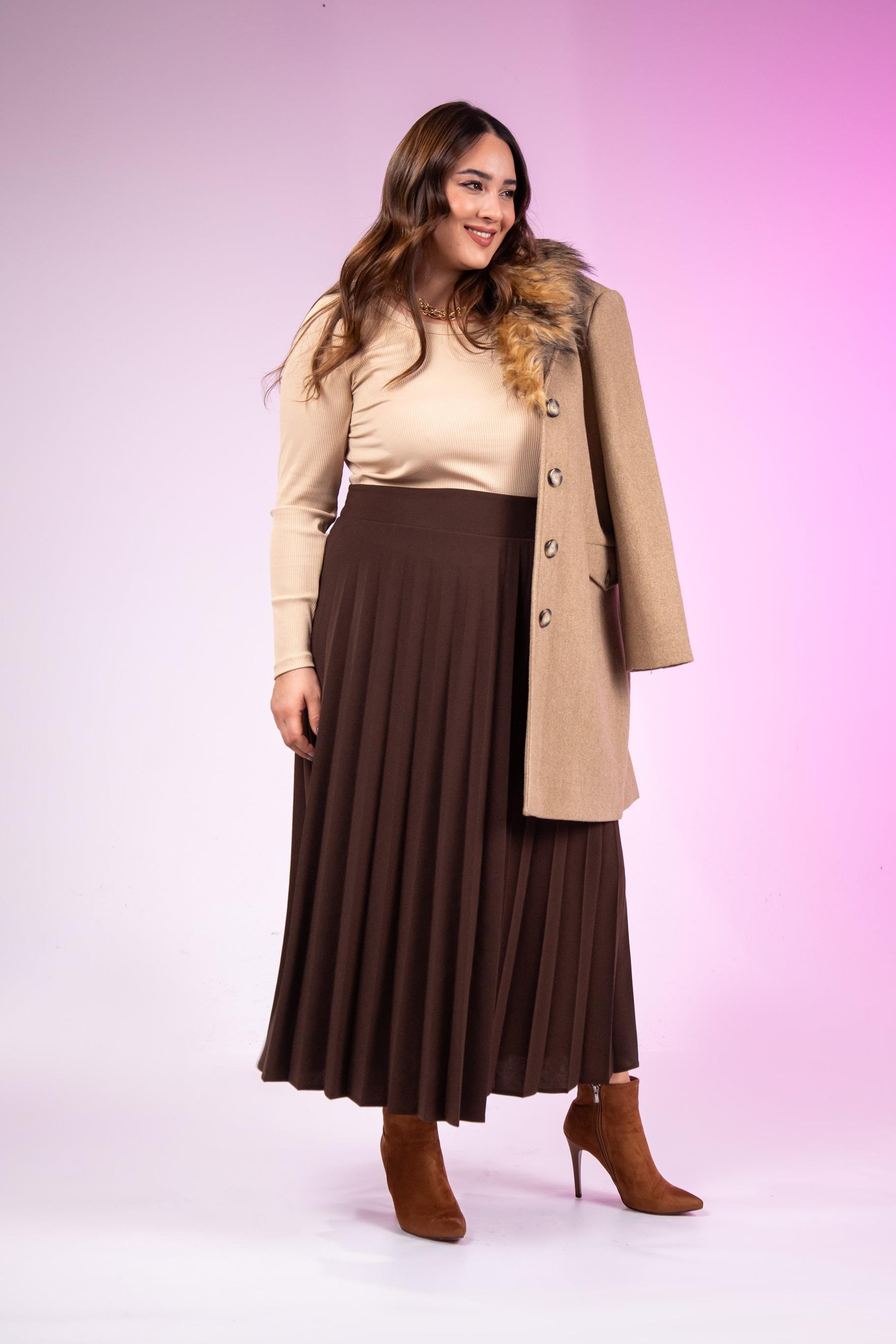 Büyük Beden 2237001 Uzun Piliseli Etek  Kahverengı