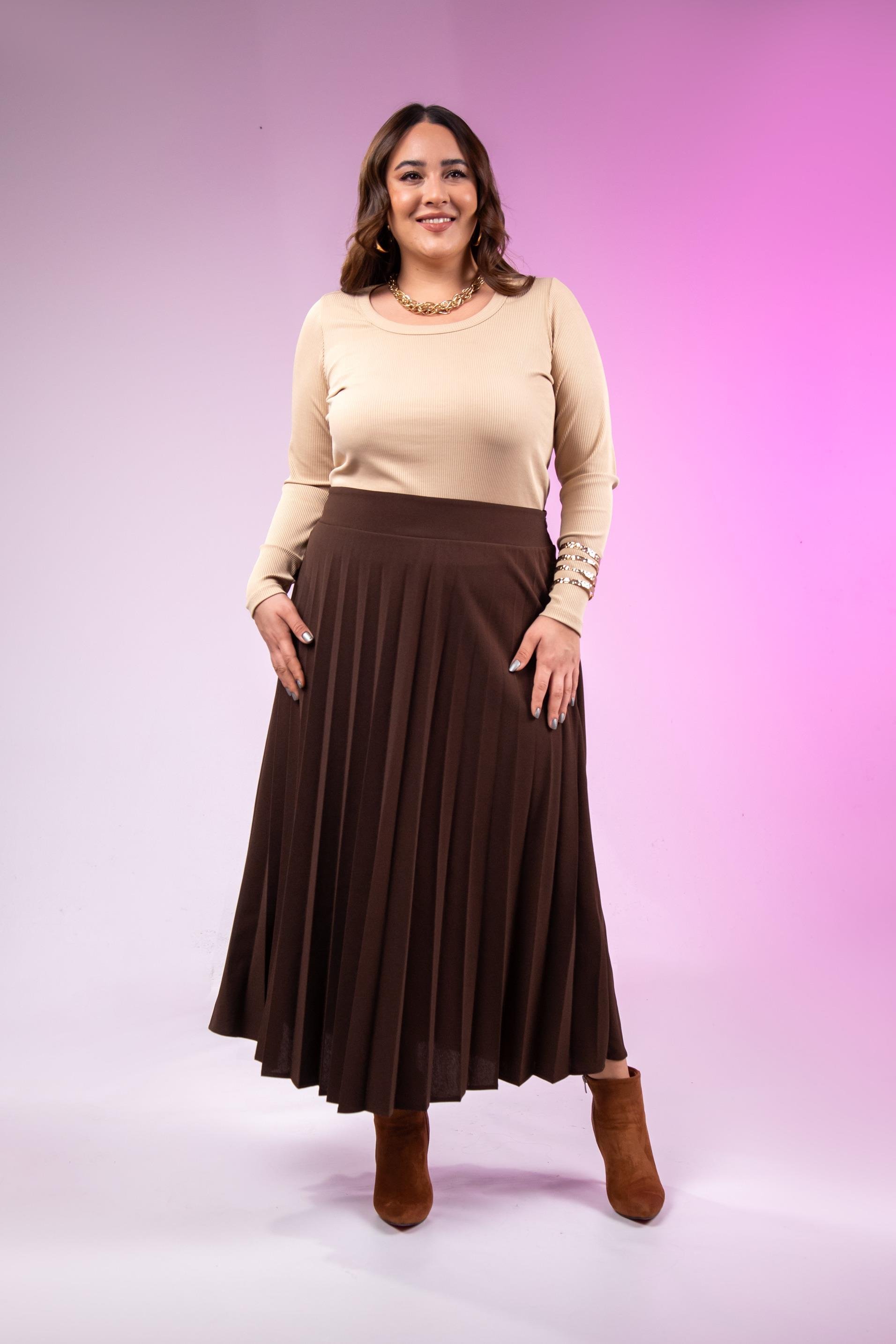 Büyük Beden 2237001 Uzun Piliseli Etek  Kahverengı