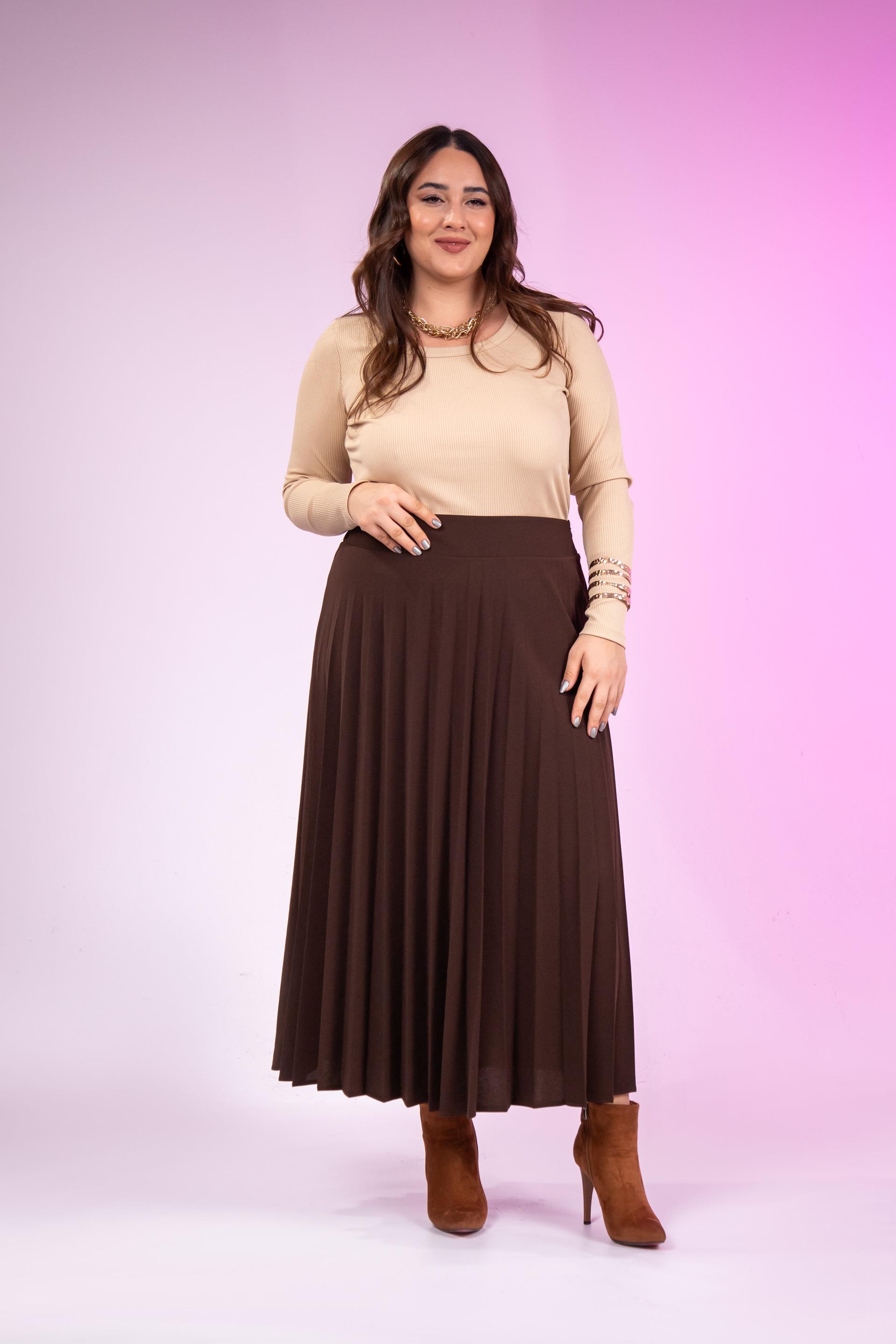 Büyük Beden 2237001 Uzun Piliseli Etek  Kahverengı