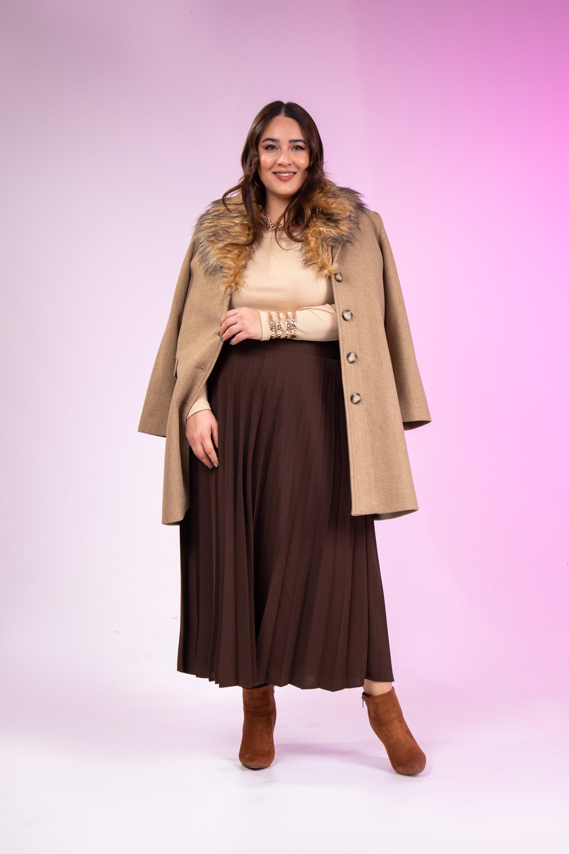 Büyük Beden 2237001 Uzun Piliseli Etek  Kahverengı